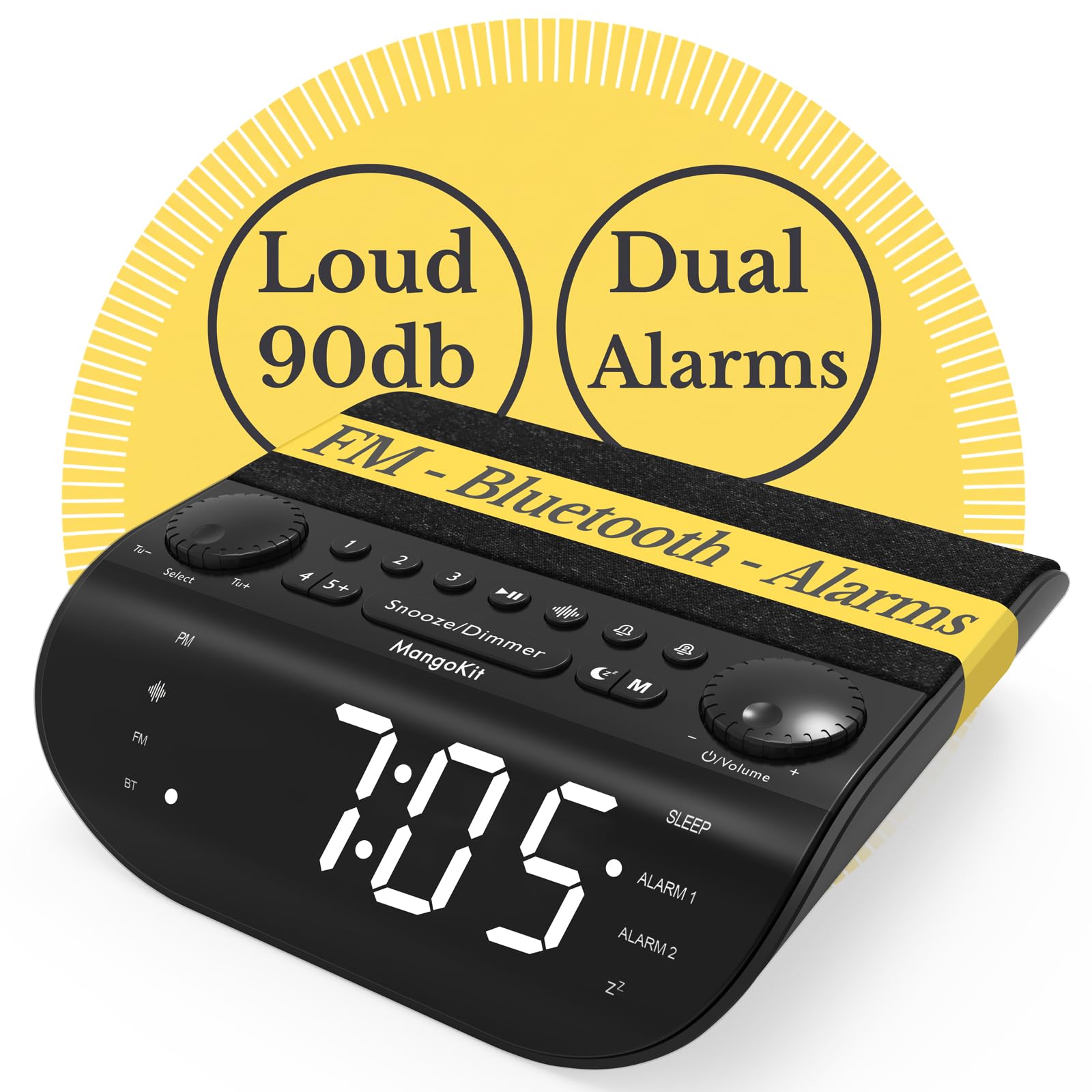 UP-Max Radiowecker mit Bluetooth und UKW Radio – Extra Lauter 90dB Wecker für Tiefschläfer, Dual-Alarm, Snooze, Weißes Rauschen, Stereo-Lautsprecher, Großes Dimmbares Display
