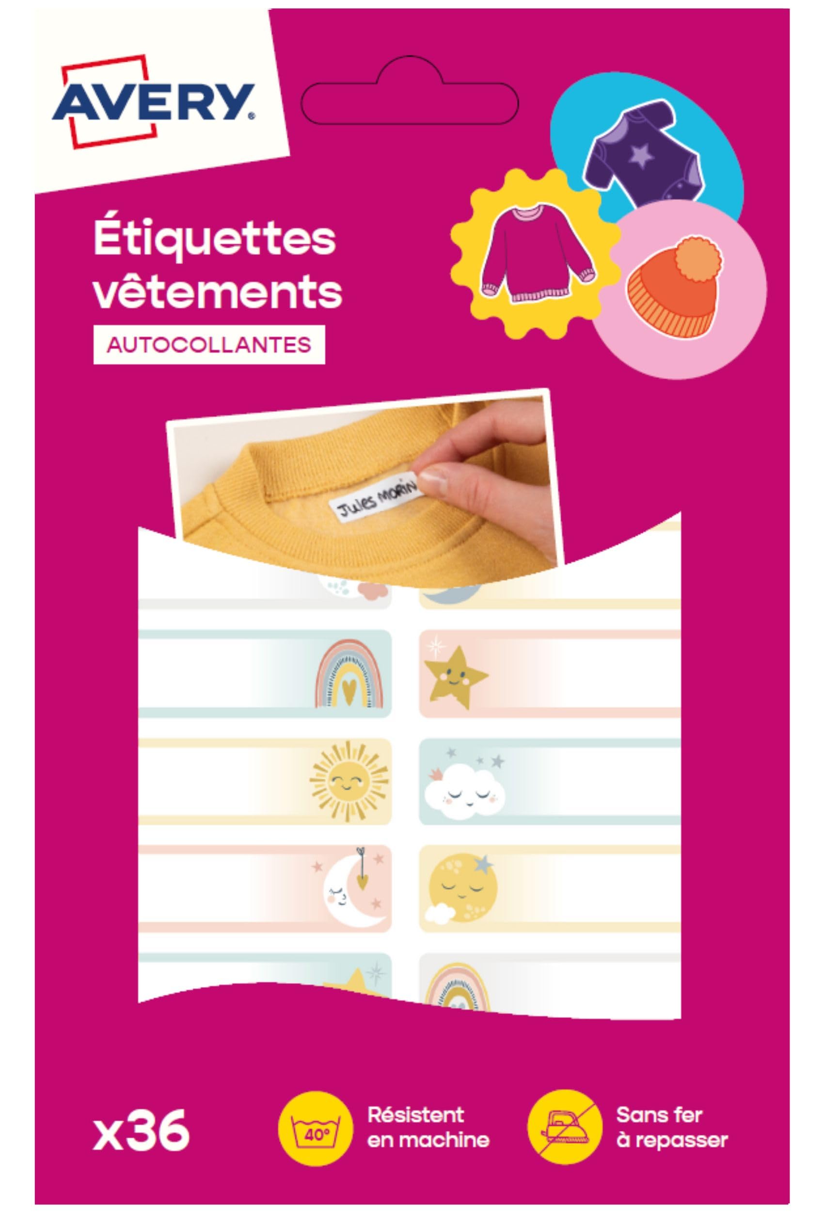 Avery Étiquettes Autocollantes à motif ciel Inscriptibles 36 Pièces - autocollant Personnalisable avec un marqueur permanant - Durable Lavable jusqu'à 40C et sèche-​linge - 1,​3 x 4,​5 cm