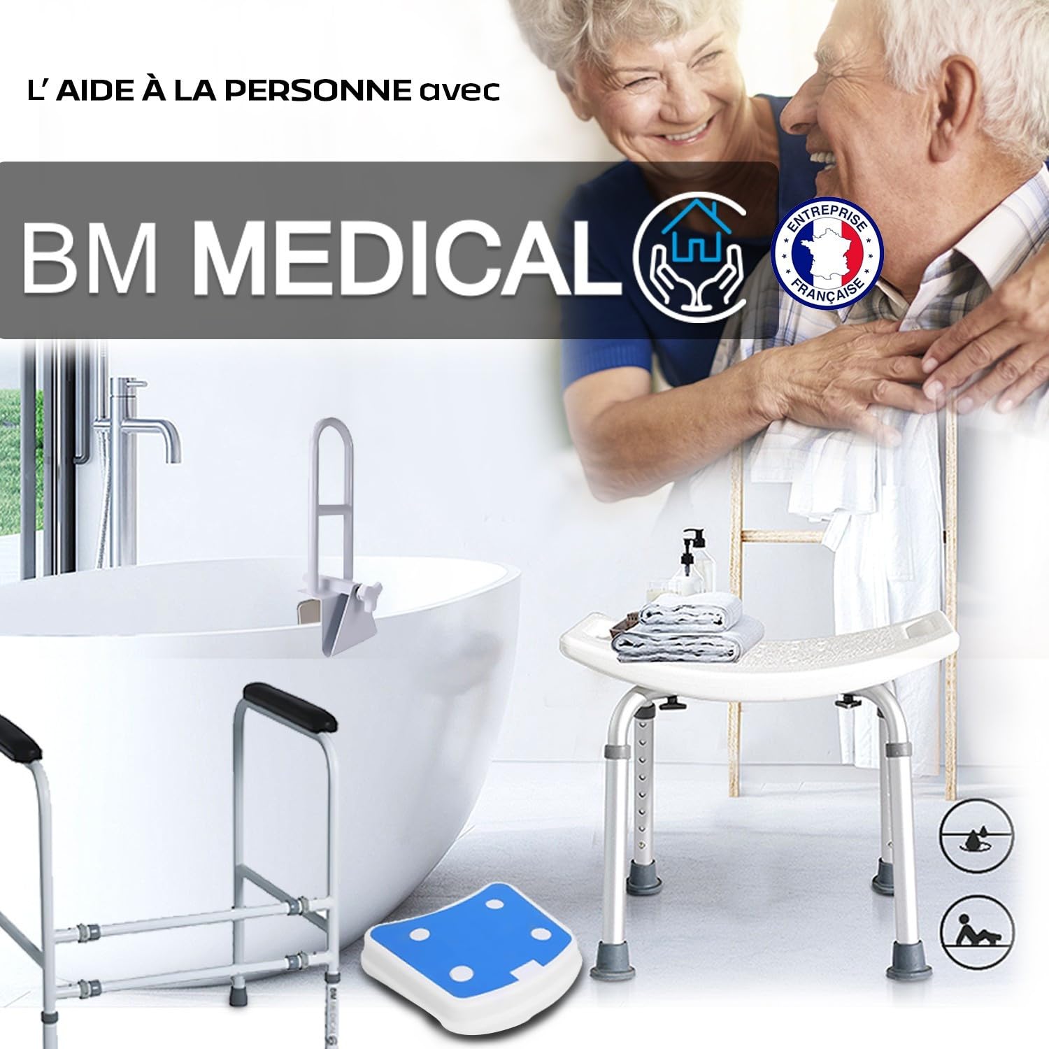 Escabeau BM Médical ESC-3-MC avec Main Courante, 3 marches - Échelle Multi-Usage intérieur et à l'extérieur