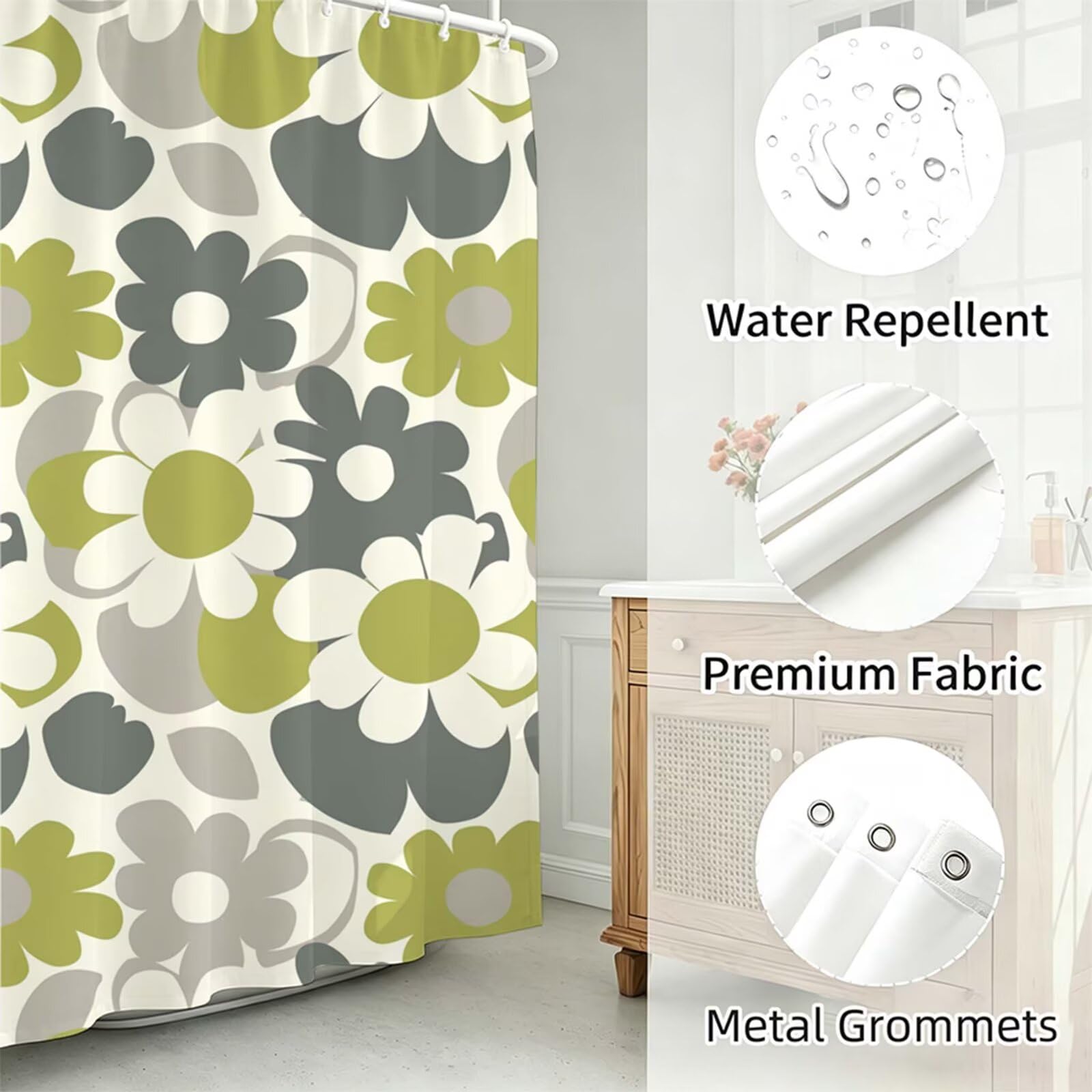 couleur moutarde Rideau Douche 230x180cm Polyester Lavable en Machine Imperméable Rideaux de Douche chrysanthème avec œillets et 12 Crochets,Ourlet Lesté,pour Salle Bain Domicile Baignoire Cabine J-73