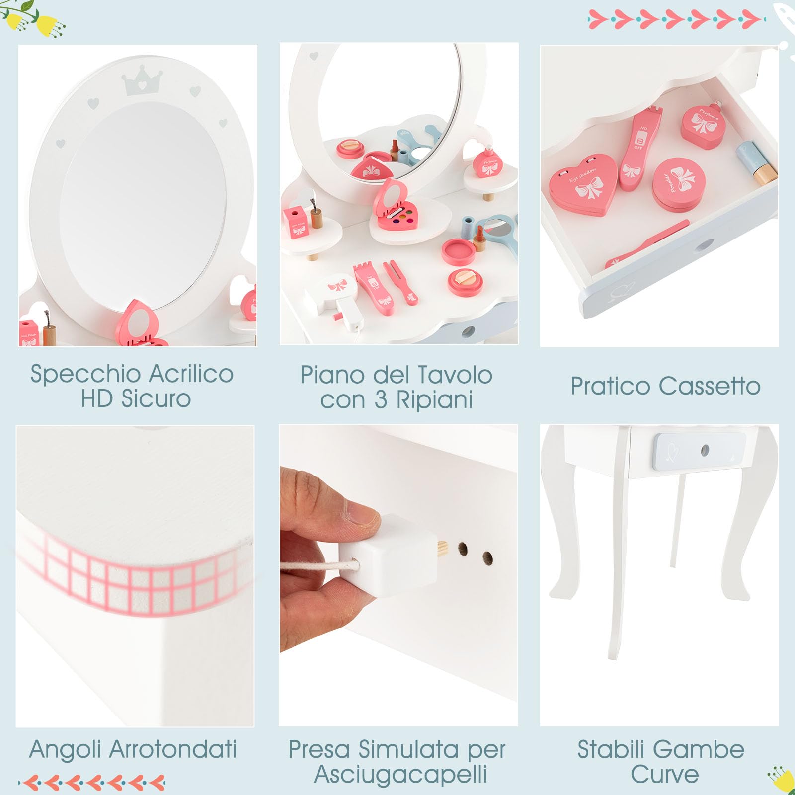 COSTWAY Toeletta Trucco 2 in 1 per Bambina, Specchiera Staccabile per Ragazza in Legno con Sgabello, Cassetto, Ripiani e Giocattoli, Postazione Trucco per 3 Anni, 50 x 34 x 93 cm, Bianco