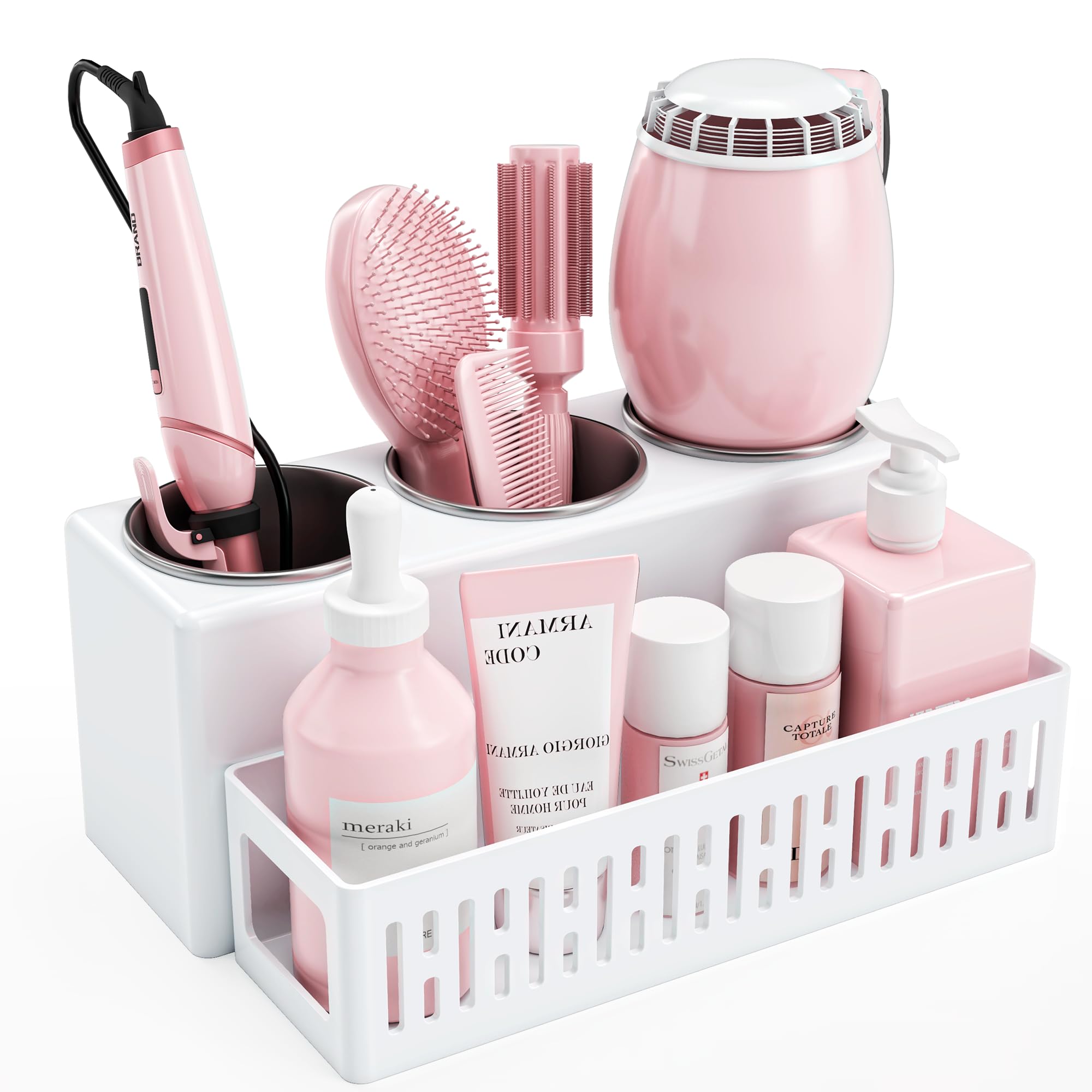 Hair Tool Organizer, Detachable Hair Dryer Holder with 3 Stainless Steel Cups, Wall Mounted Bathroom Organizers and Storage for Accessories, Curling Irons, Straighteners, Toiletries, Makeup