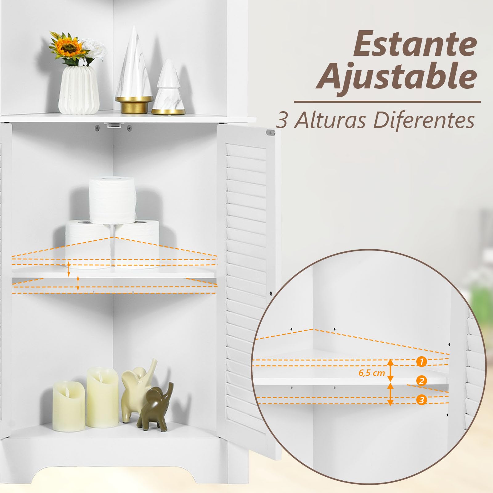 COSTWAY Armario Esquinero Alto de Baño, Mueble de Baño Triangular con 3 Estantes Abiertos y 2 Puertas, Organizador de Pie de Almacenaje para Dormitorio, Salon, 60 x 44,5 x 173 cm