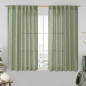 LAMIT Sage Green Linen Curtains 54 Inch Length 2 Panels, Light Filtering Panels Back Tab and Rod Pocket Neutral Drapes for Kitchen/Window/Bedroom, 52 x 54 Inch