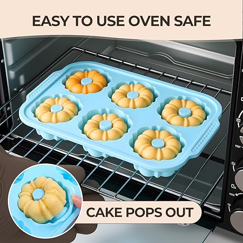 Miniatura 6 de Mini moldes de tubo estriado para hornear con marco reforzado de metal, 2 moldes de silicona de 6 cavidades, molde antiadherente para hornear