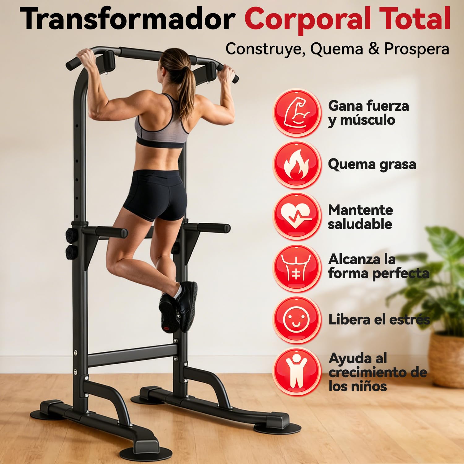 WATBKHE Power Tower, Barra de Dominadas con Estación de Fondos | Estación 4 en 1 para dominadas, fondos, flexiones y elevaciones de rodillas, ajustable en 12 alturas, con base en H, 120kg