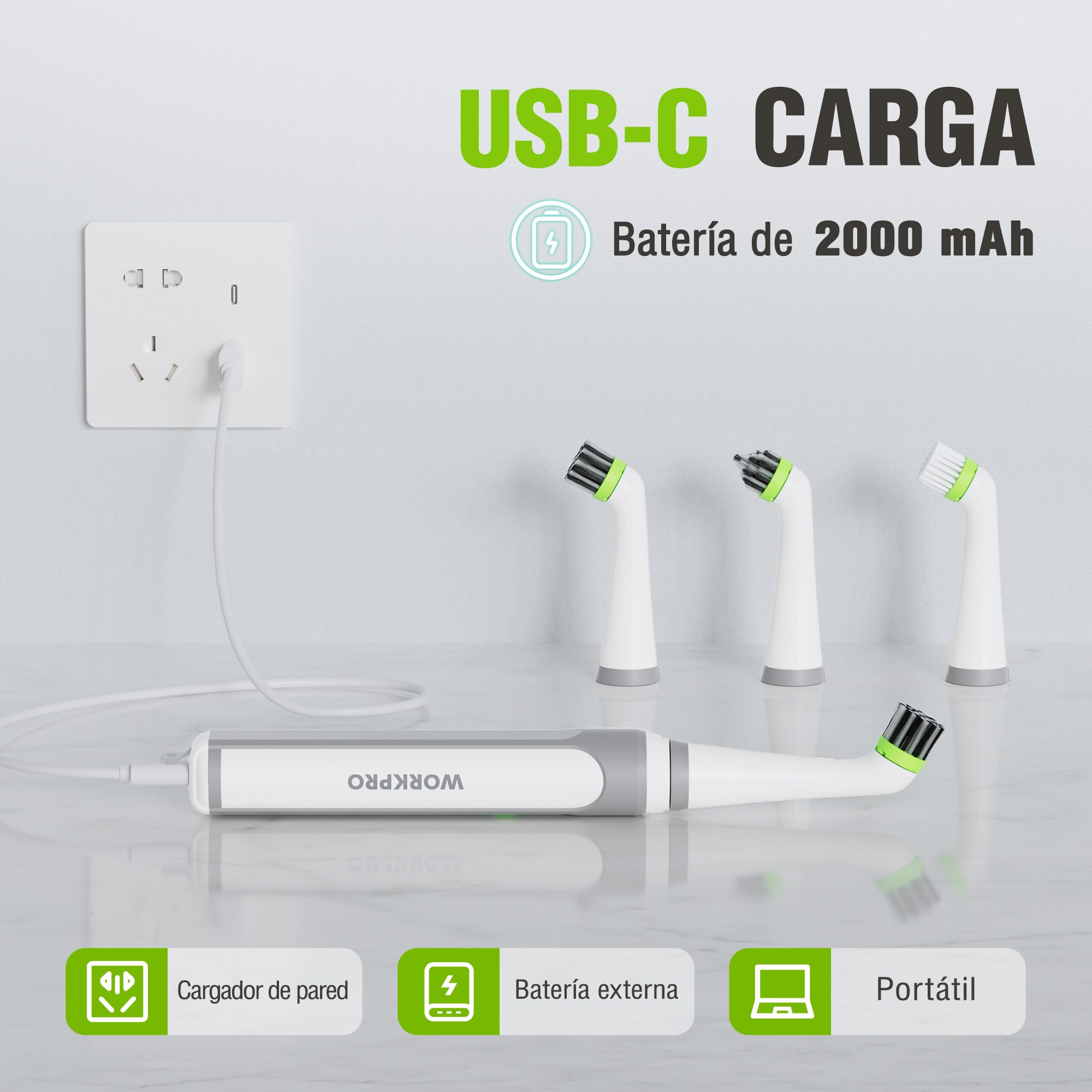 WORKPRO Cepillo Eléctrico De Limpieza 3.6V Recargable con Cabezal Intercambiable,Batería 2000mAh, IPX6 Resistente Al Agua, USB Tipo C, para Juntas, Ranuras, Zapatos Y Hogar