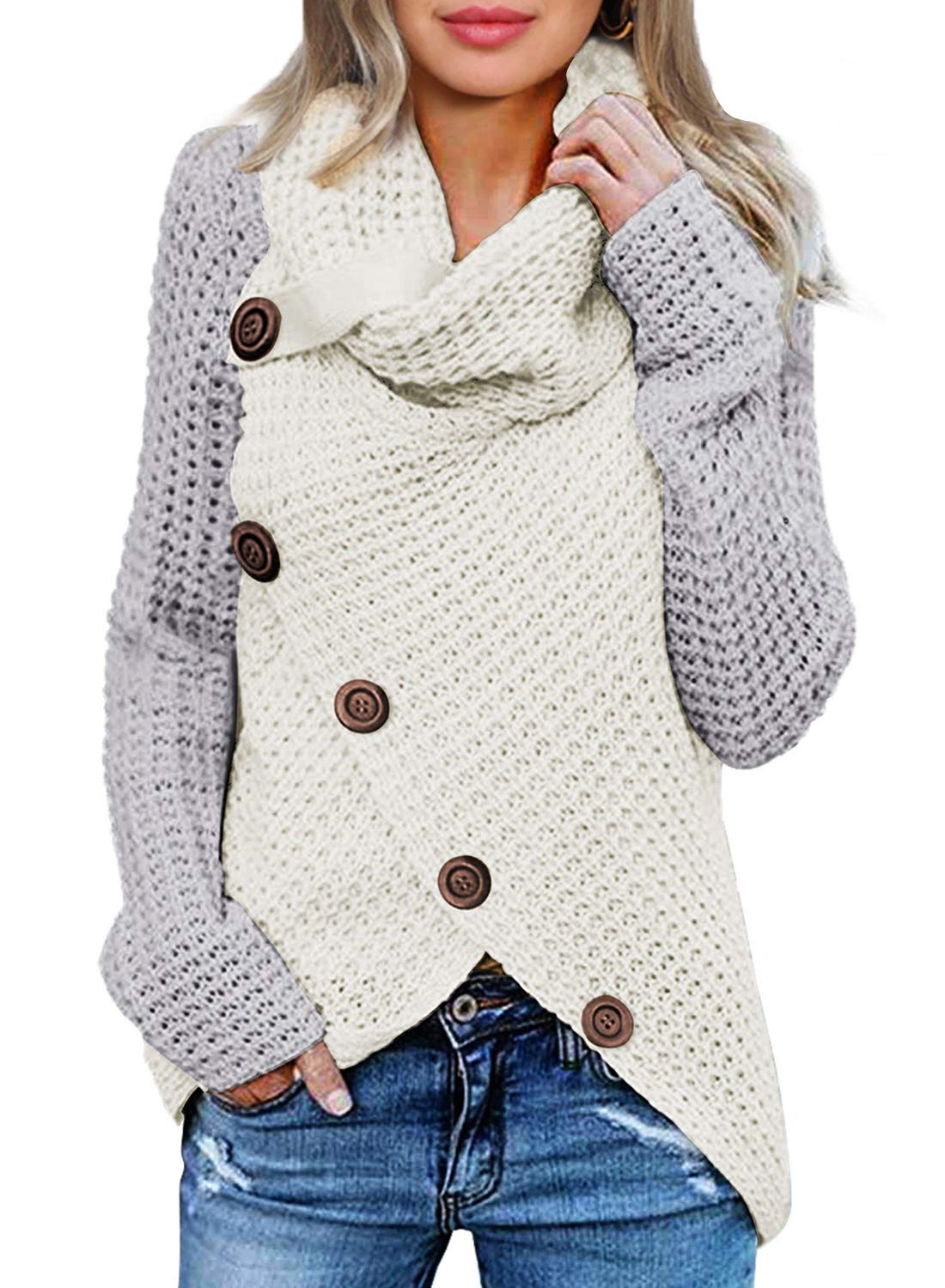 Actloe Womens 2022 Cowl Neck Long Sleeve Asymmetrical Hem Sweaters Front Wrap Pullover Jumper