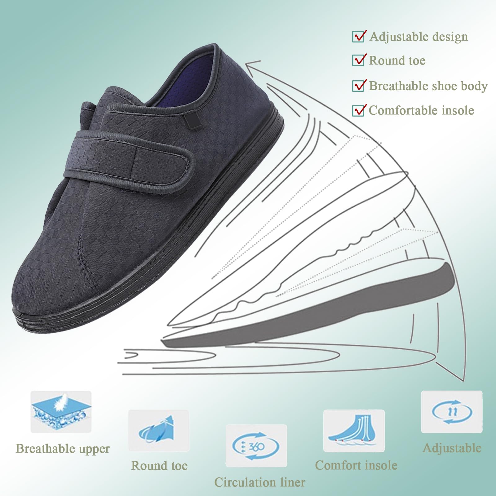 Sandali Donna Pantofole Diabetiche Uomo, Regolabili Antiscivolo Traspirante Larghe Scarpe, Extra Larghe Comode Scarpe di Riabilitazione