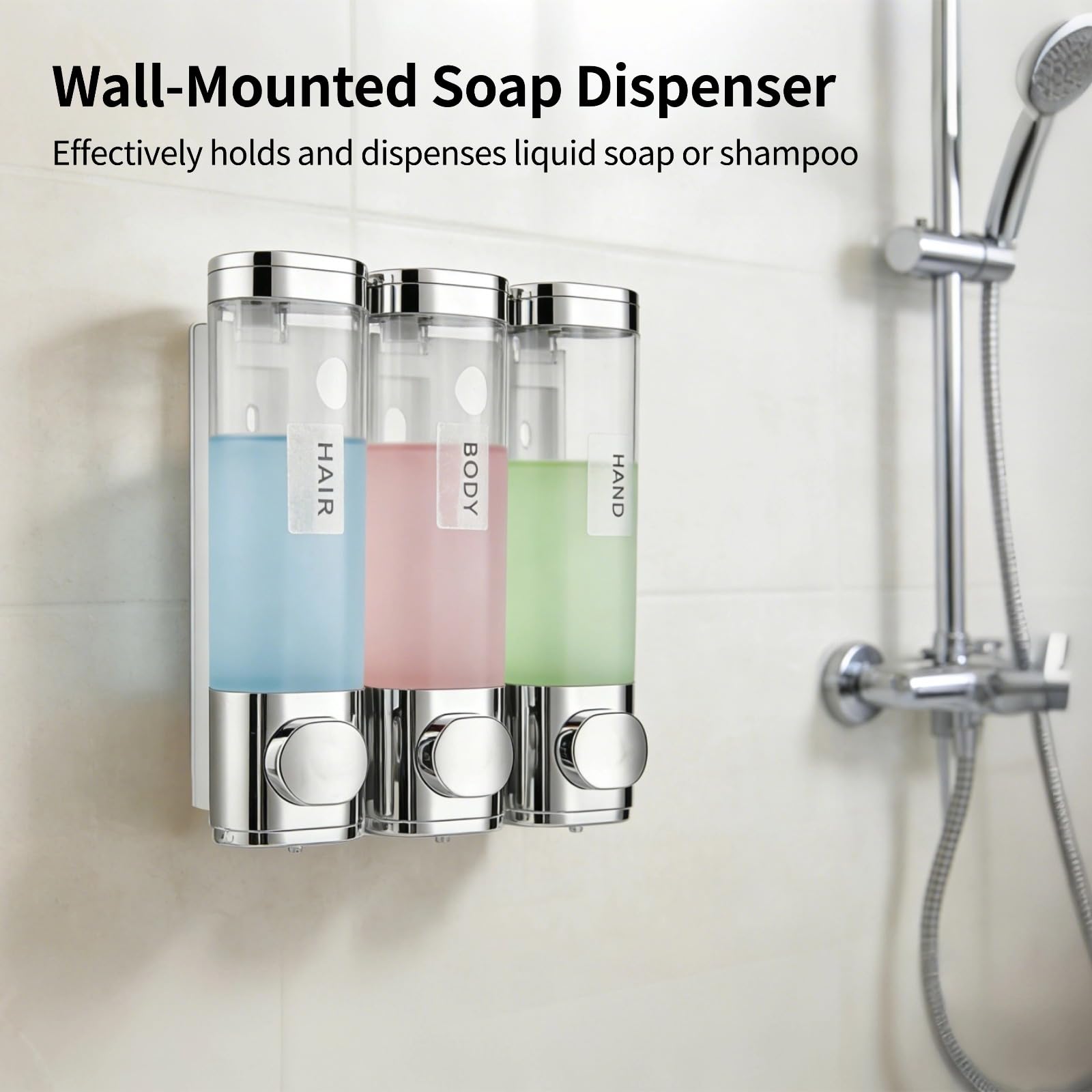 3-Kammer-Spender zur Wandmontage, ohne Bohren, ABS, transparent, 3 x 298.7 ml Fassungsvermögen, für Badezimmer, Dusche, Seife, Shampoo, Conditioner