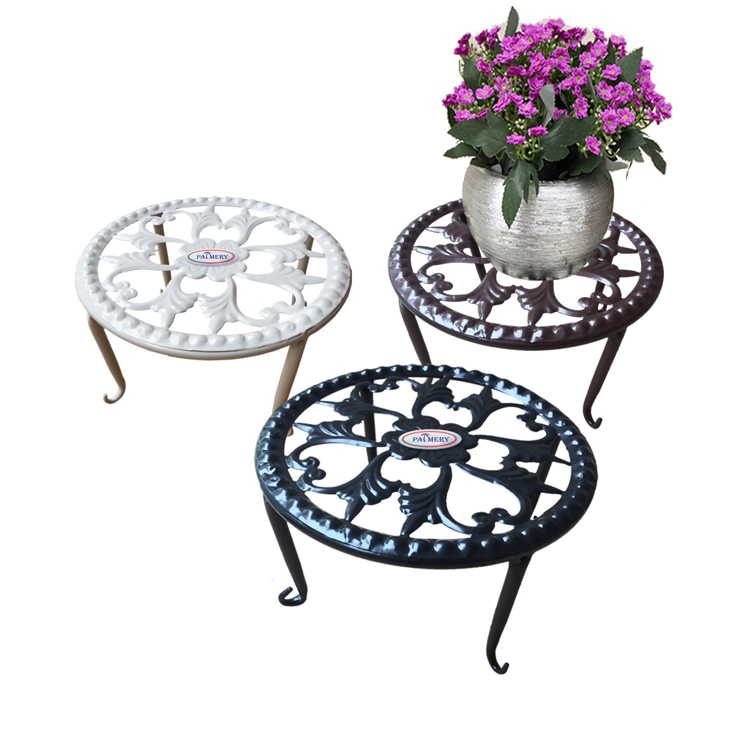 Wrought Iron Plants Stand Sturdy Flower Pot Supporting Olde Metal/Iron Art, 9.5 inch, Flowerpot Holder for Indoor Outdoor Garden Studios Pack of 3 Colors,Black, White& Brown (5 inch)