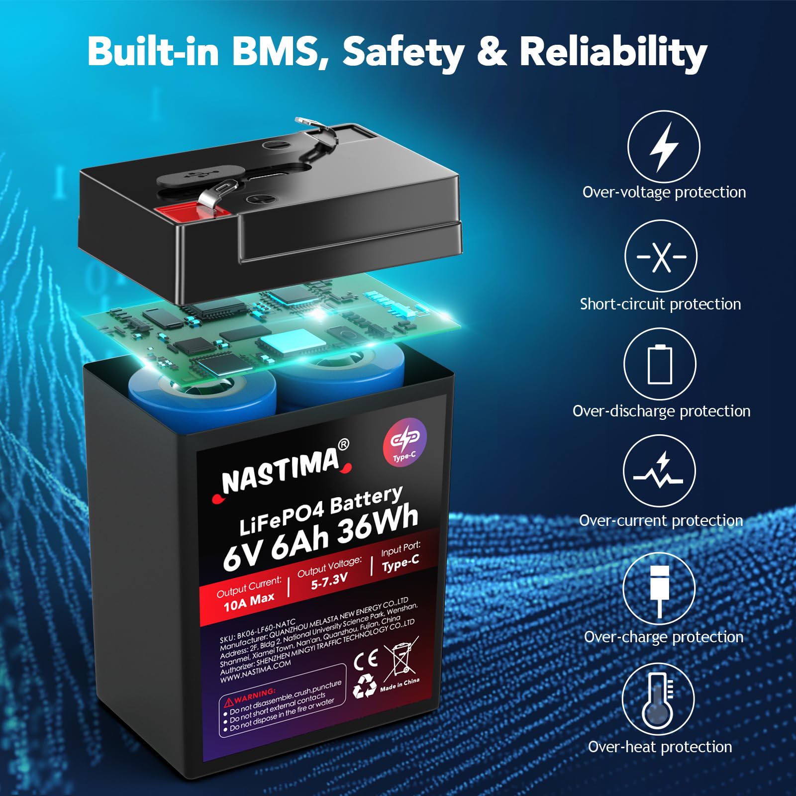 NASTIMA Batterie Rechargeable 6V 6Ah LiFePO4 avec Protection BMS et Cycle Profond 2000, Chargement Type-C, adaptée aux Kits de Éclairage Électrique de Secours, Voitures Jouets pour Enfants, Camping