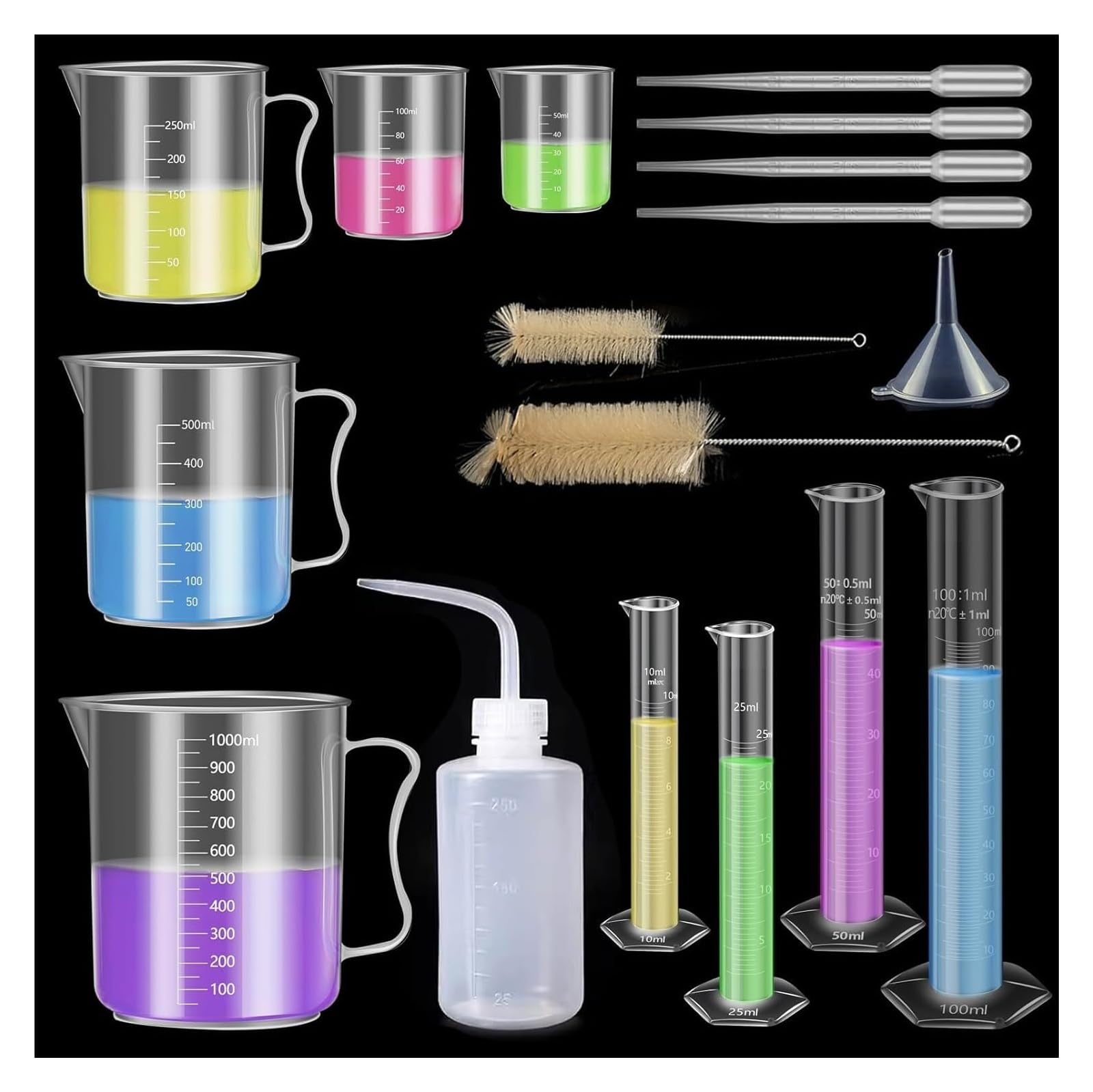Probeta de Laboratorio para Ciencias, Juego de Cilindros graduados de plástico de 10 a 100 ml con 4 pipetas, 1 Embudo y 2 cepillos, Paquete de 11(Color 16)