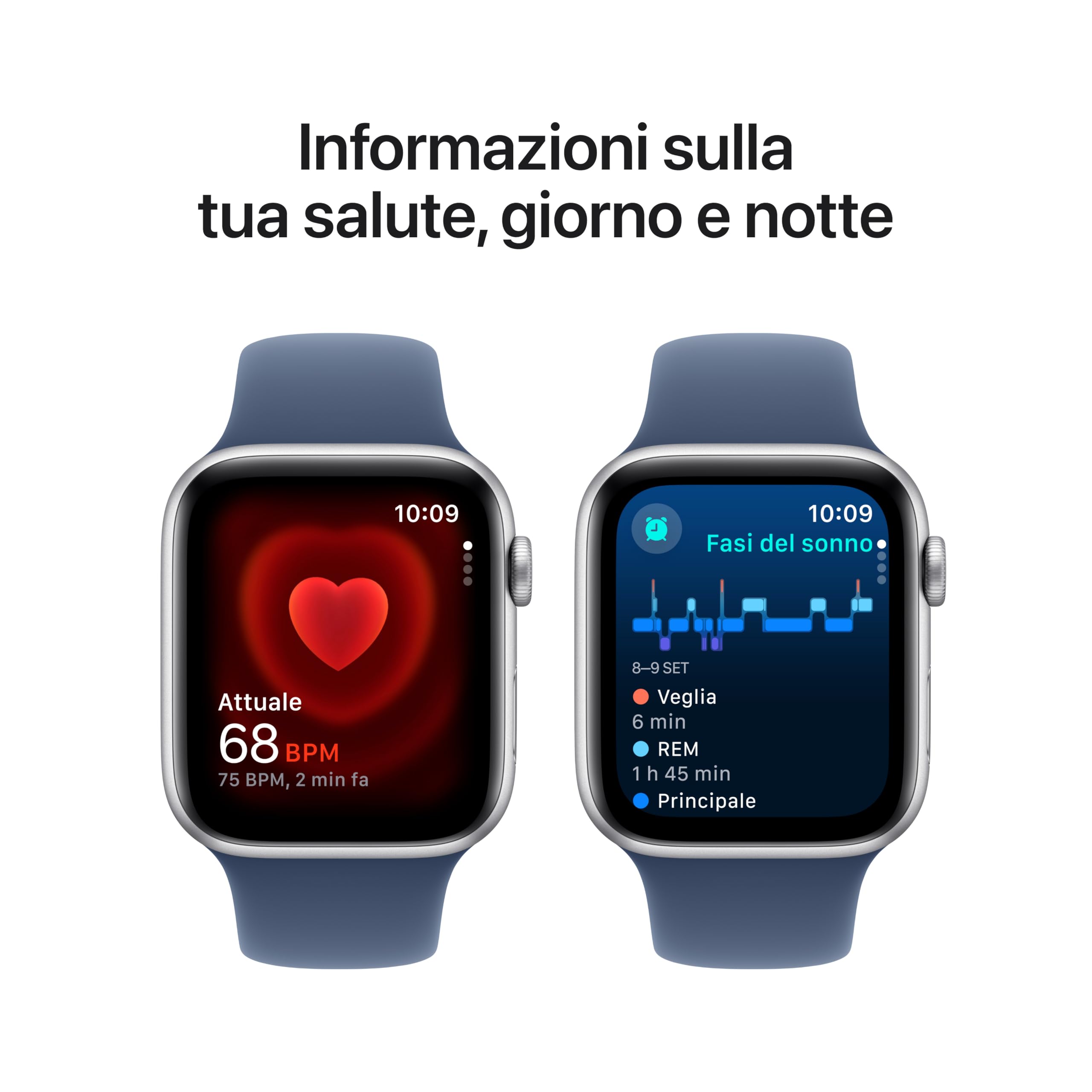 Apple Watch SE (2ª gen.) GPS 44 mm Smartwatch con cassa in alluminio Argento e Cinturino Sport Denim - S/M. Tracker per il fitness e il sonno, app Battito, Rilevamento incidenti, display Retina