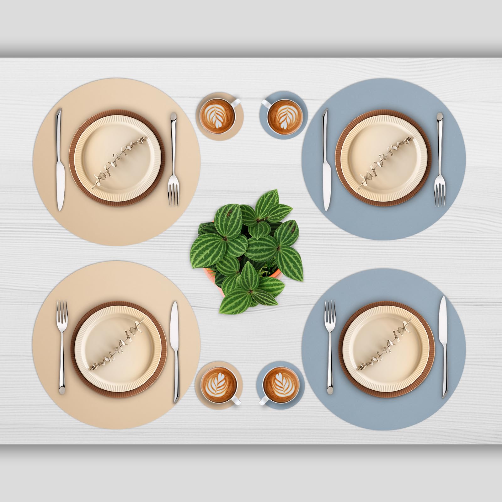 Myir JUN Round Table Placemats Set of 4 Faux Leather Place Mats and Coasters 15 inch Round Dual Sided Placemats Non-Slip Wipe Clean Stain Resistant (Yellow Blue,Set of 4) - Image 2