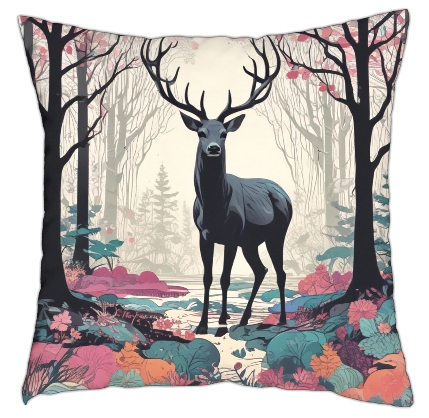 The Beach Stop Multicoloured Woodland Forest Animal Deer Accent Cushion Cover | Colourful Home Decor Inspo Gift Idea | 45X45cm 18X18” | Enchanted Stag