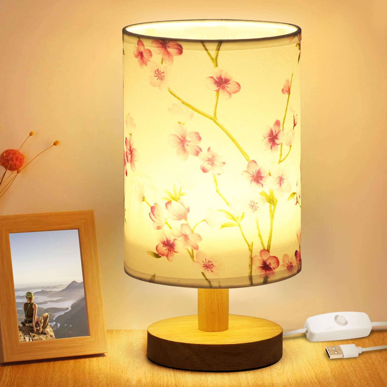 NIHUIFDPY Bedside Lamp, Small Table Lamp with Fabric Linen Shade and Wooden Base