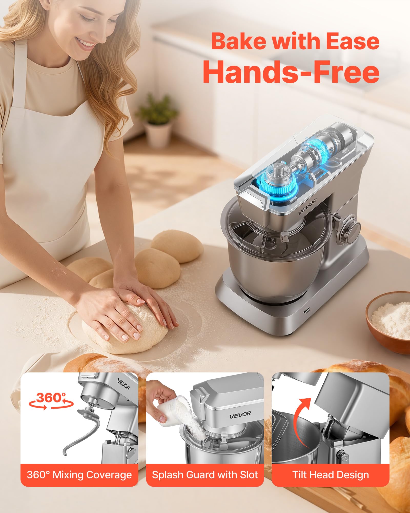 VEVOR Robot Pâtissier et Culinaire 4,3 L, Batteur sur Socle 1300 W avec Fonction Hachoir à Viande et Blender de 1,5 L, Batteur Mixeur 6 Vitesses avec Pulse, Bol en Inox, Mélange Fouettage Pétrissage