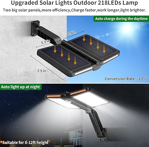 Miniatura 3 de Luces de inundación solares para exteriores, 218 luces LED de seguridad con control remoto, dos paneles, 138 luces LED de cobertizo con sensor de