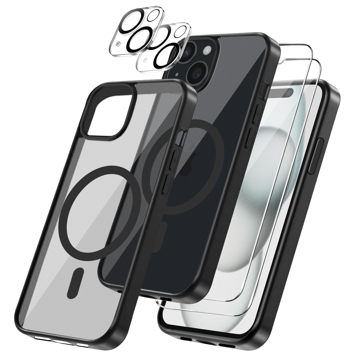 Cover per iPhone 15 Compatibile con 2 vetri temperati e 2 vetri per fotocamera, Translucent Matte Slim Back PC+TPU Bumper Shockproof Compatible Magnetic Cover per iPhone 15 - Nero
