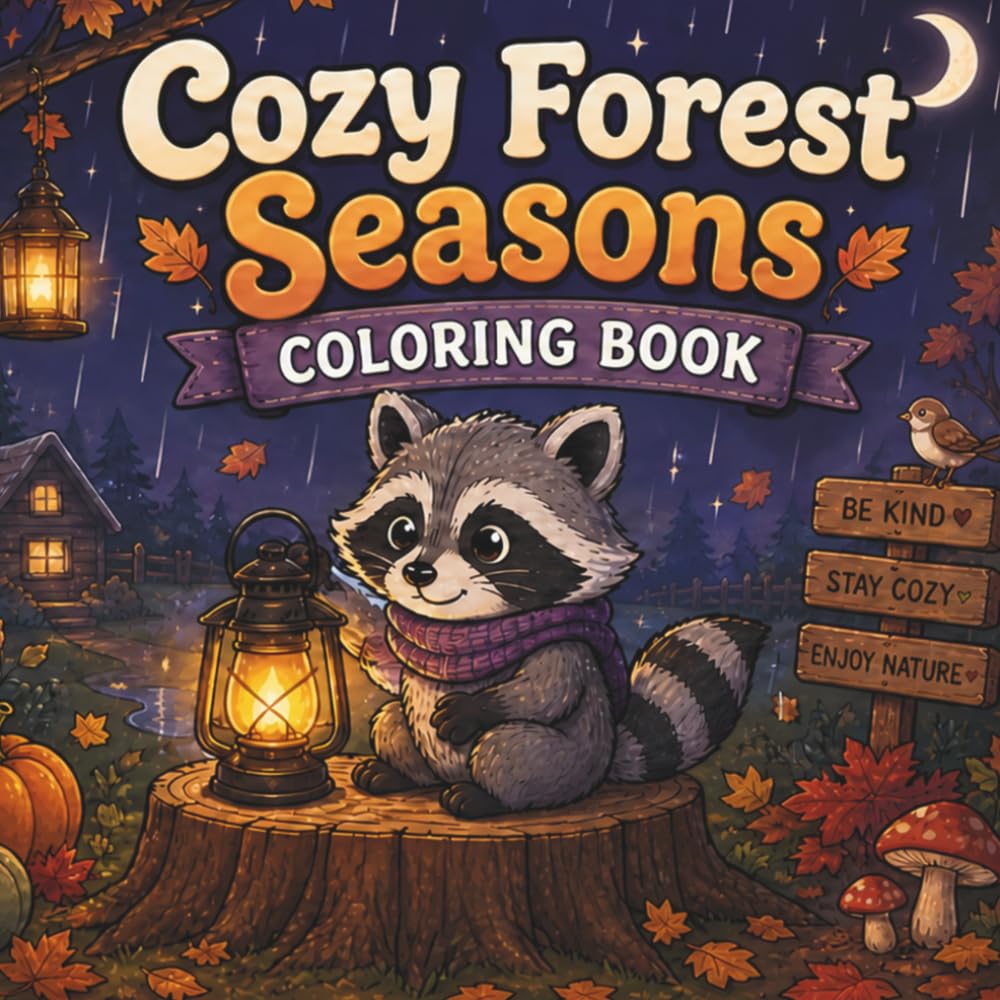 Cozy Forest Seasons: Bold and Easy Coloring Book with Cute Woodland Animals and Simple Nature Scenes for Relaxation, Cozy Spaces, Rainy Days, and Hygge Vibes for Kids Ages 4+ and Adults