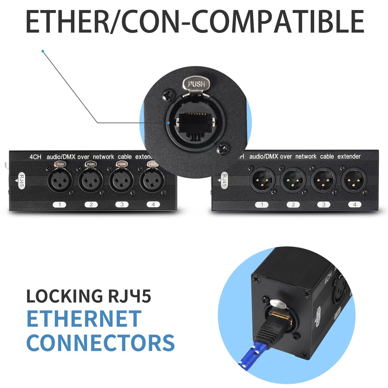 4-kanałowy przedłużacz Ethernet XLR na RJ45, 3-pinowy męski żeński rozdzielacz XLR dla kabla Cat5 Cat6 Cat7, multiplekser sygnału audio 4 na 4 wyjścia dla Stage Studio
