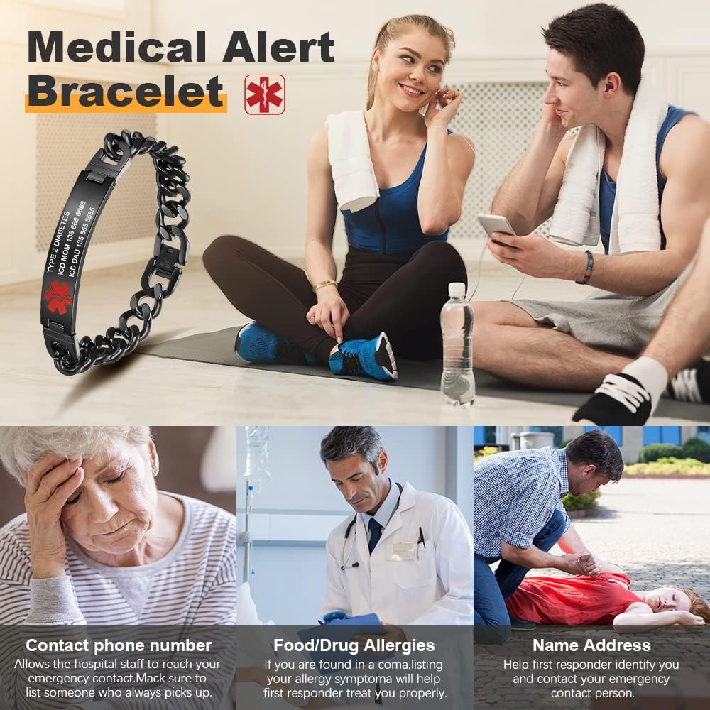 Custom Medical Alert Bracelet Engraved Emergency ID Stainless Steel Bracelets for Adults Men Women 7.5-8.5-9.8 Inch