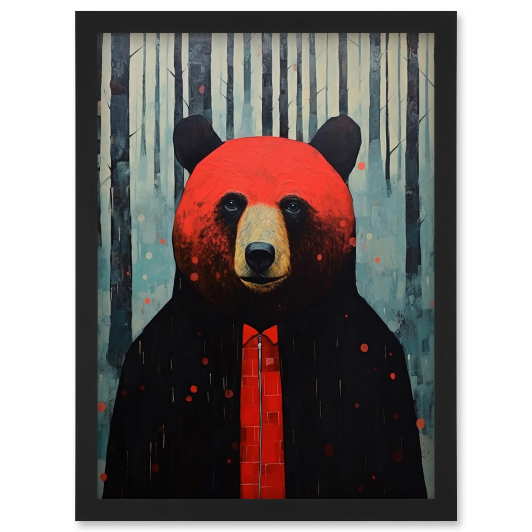 Artery8 Hipster Red Bear Artwork Oil Painting Black Blue Artwork Forest Trees Artwork Framed Wall Art Print A4