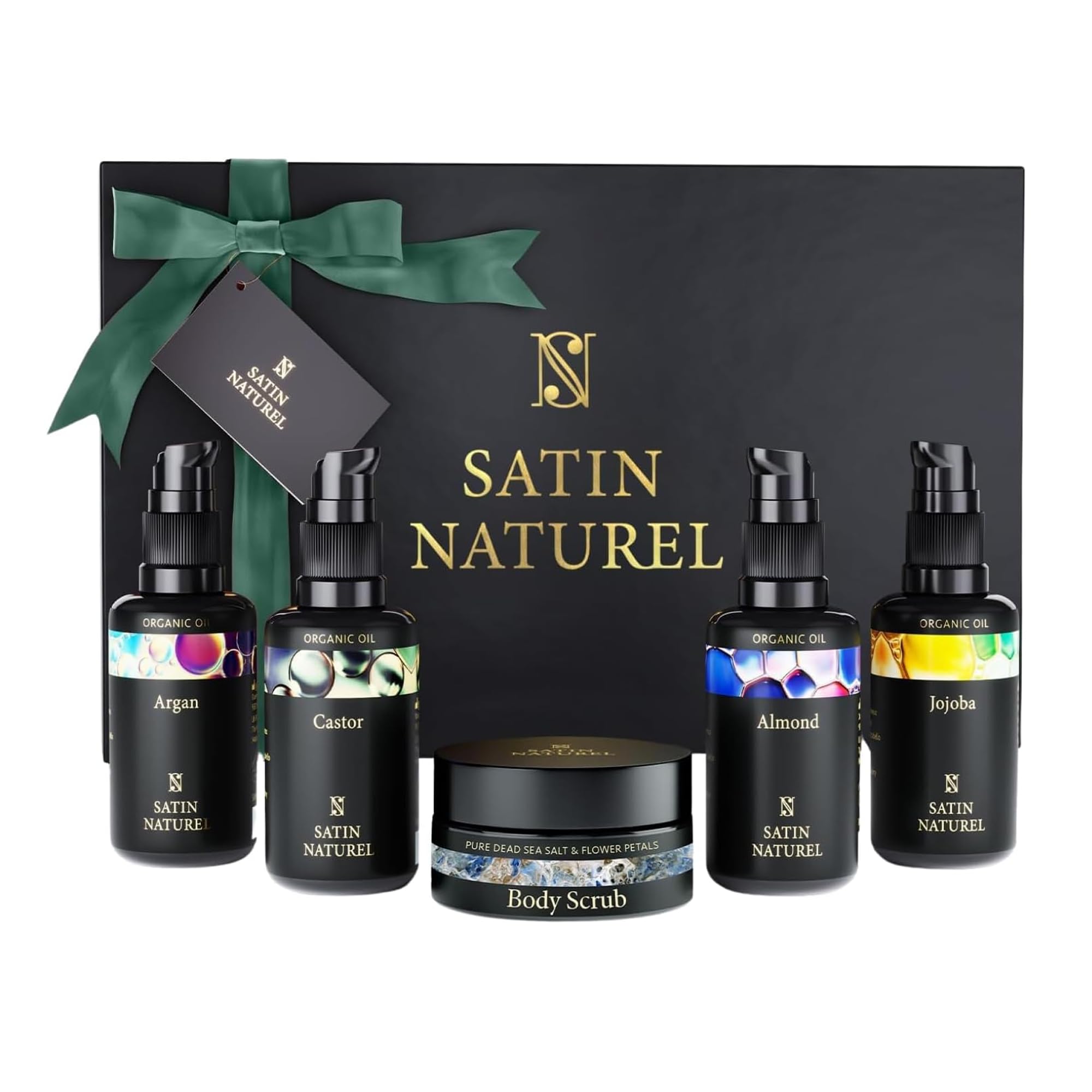Satin Naturel Set de Regalo de Lujo 5x30 ml | Set de Cuidado Facial con Aceite de Argán Bio, Ricino, Almendras, Jojoba y Exfoliante de Sal del Mar Muerto