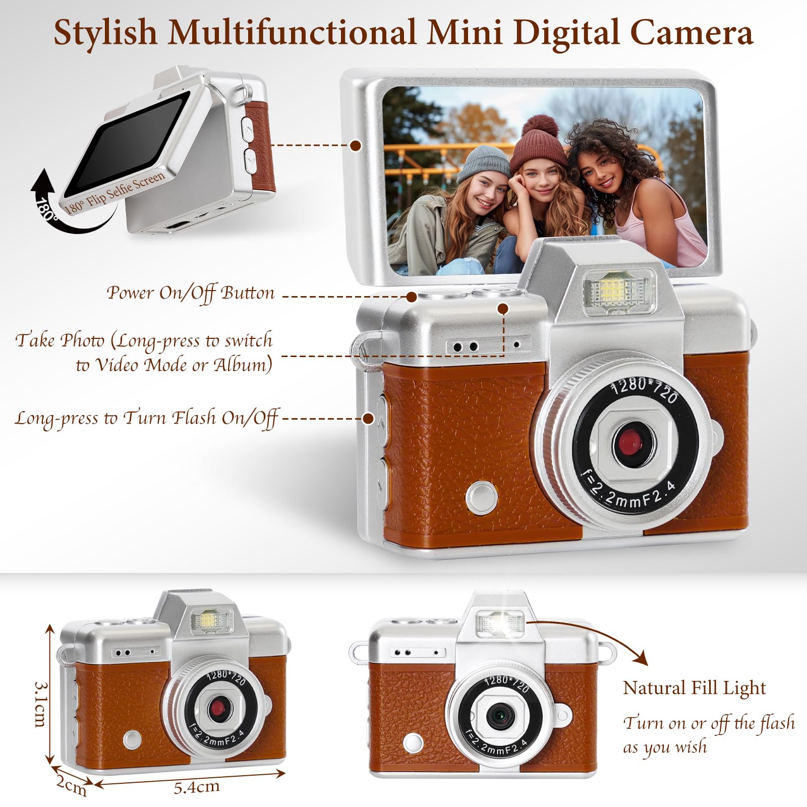 Mini Appareil Photo Numérique Rétro - Caméra Vintage Portable 1080P avec Écran Pliable & Flash - Petit Appareil Photo Numérique Enfant & Adulte - Mini Digital Camera Keychain & Porte-Clé