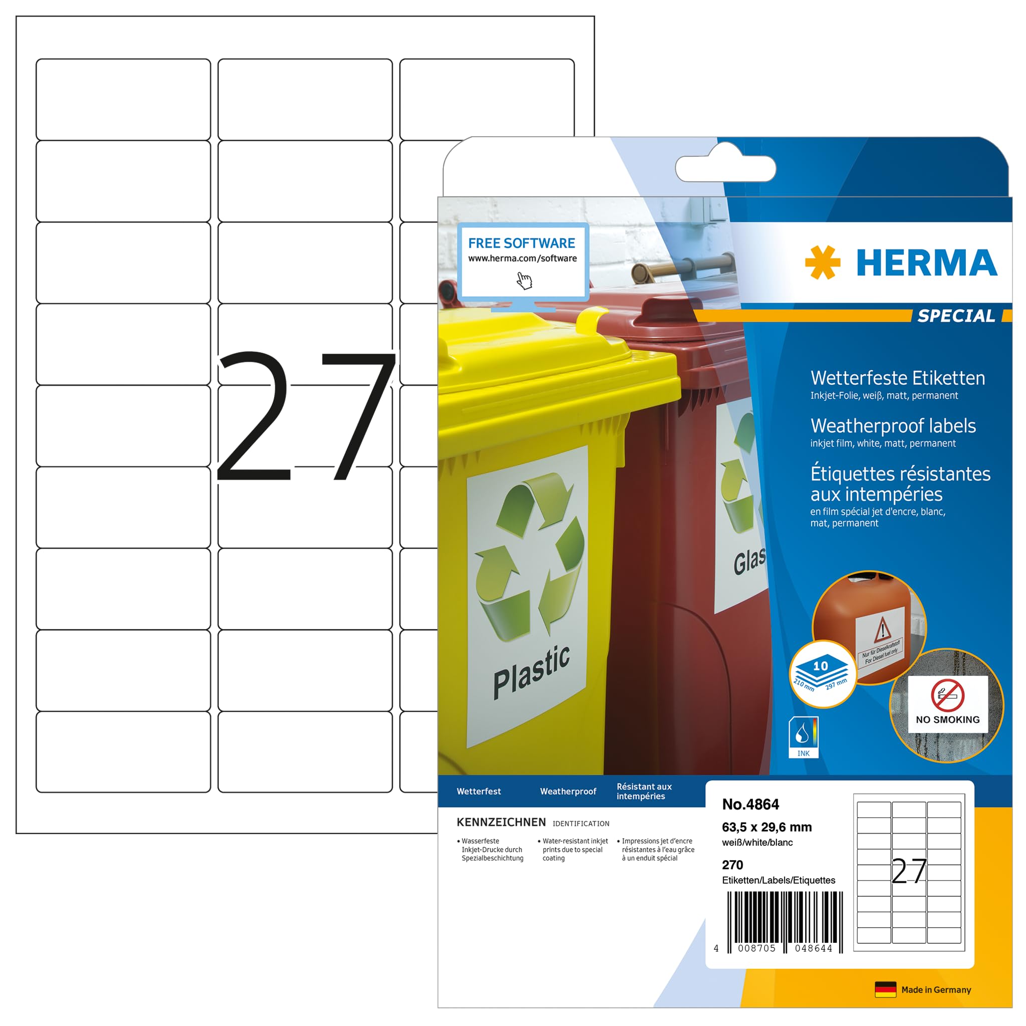 HERMA Samoprzylepne, odporne na warunki atmosferyczne etykiety foliowe, 27 etykiet na arkusz A4, 270 etykiet do drukarek atramentowych, 63,5 x 29,6 mm (4864), białe