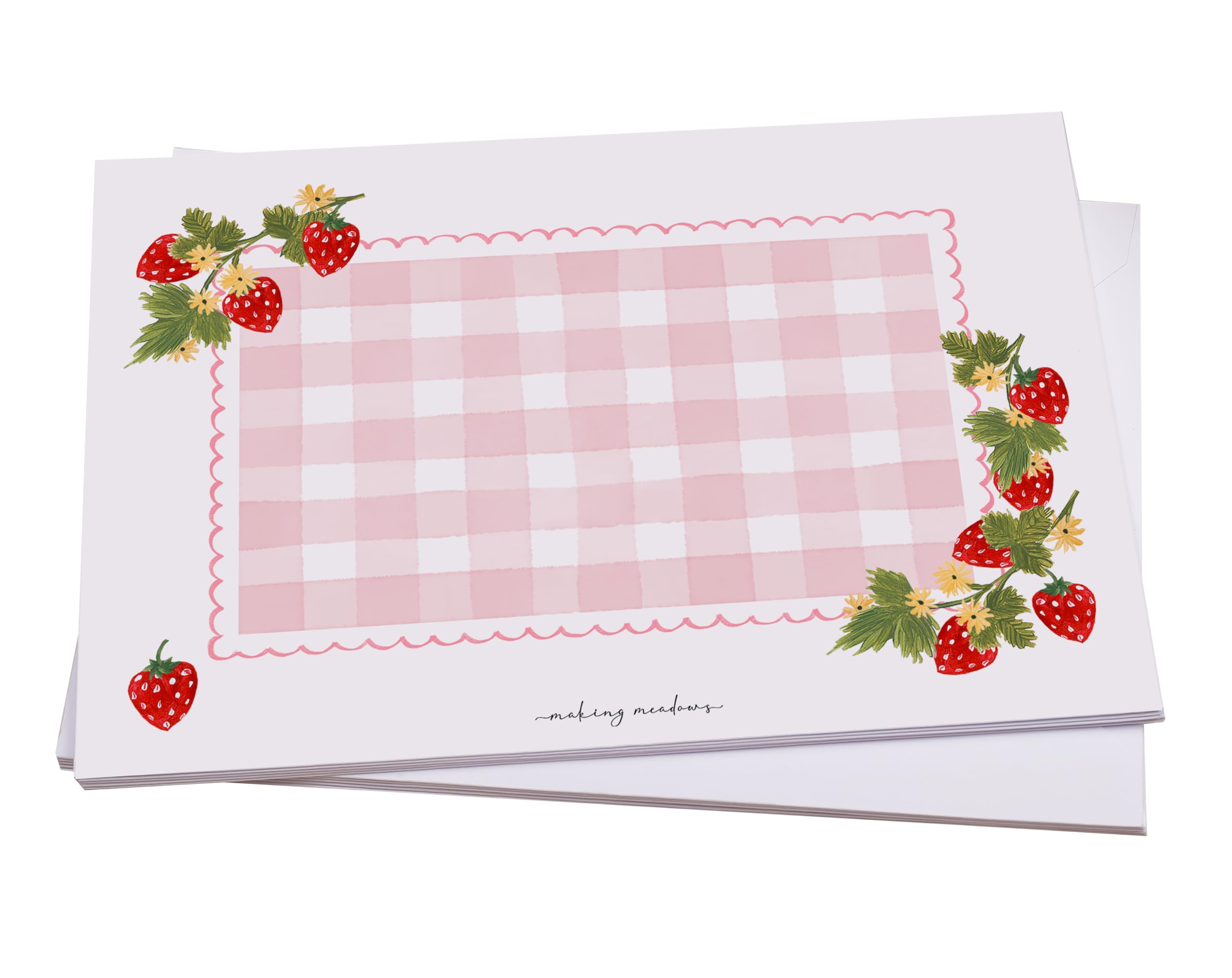 Making Meadows 10 Decorated Envelopes for Letter Writing. Strawberry Gingham Design Decorative Envelope. Printed and Packed in UK (C6 Size)