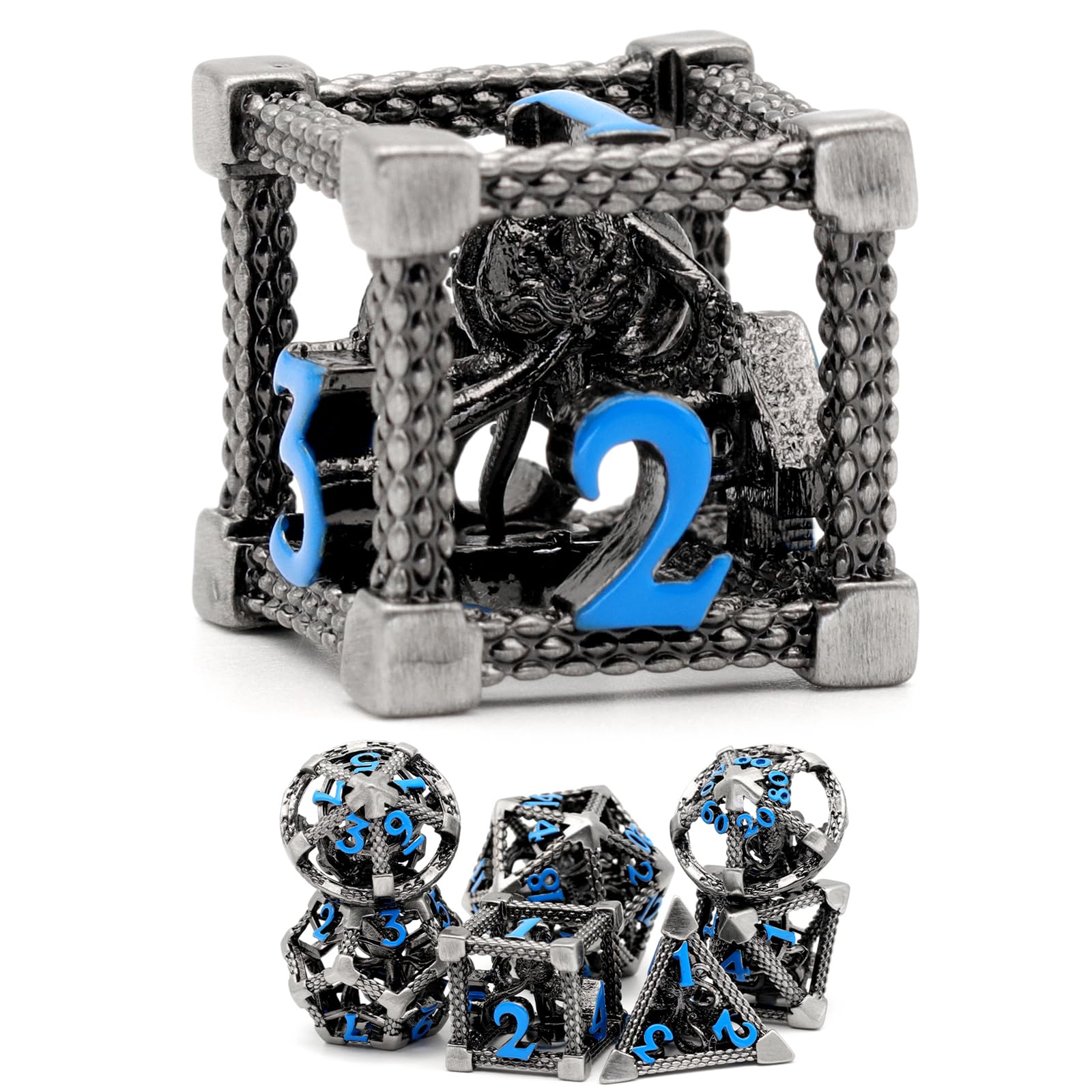 Metal DND Dice Cthulhu Dice Set D&D Hollow D and D Dice for Dungeons and Dragons Role Playing Game Ttrpg (Cthulhu Blue Number)