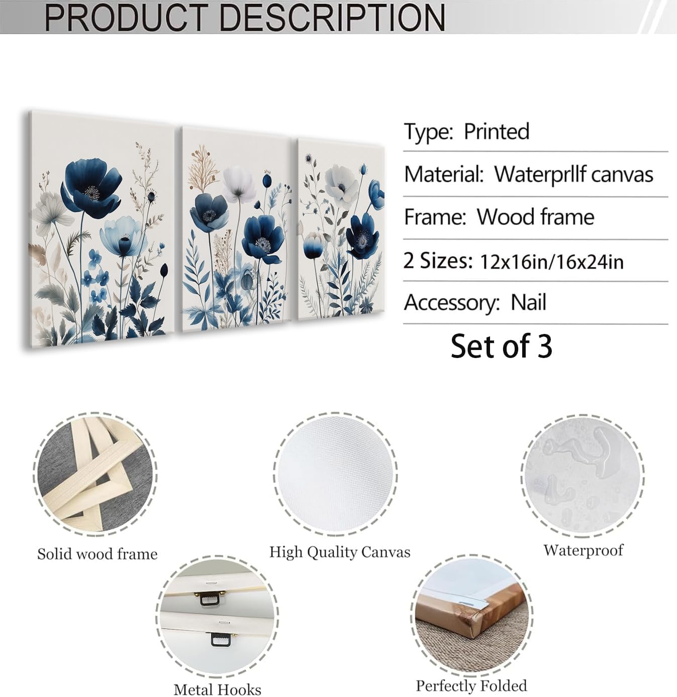 BingruiArt Navy Blue Canvas Wall Art Blue and Gray Boho Flower Wall Decor Floral Watercolor Art Prints Pictures Painting for Living Room Bedroom Bathroom 3Pcs 16x24in Framed