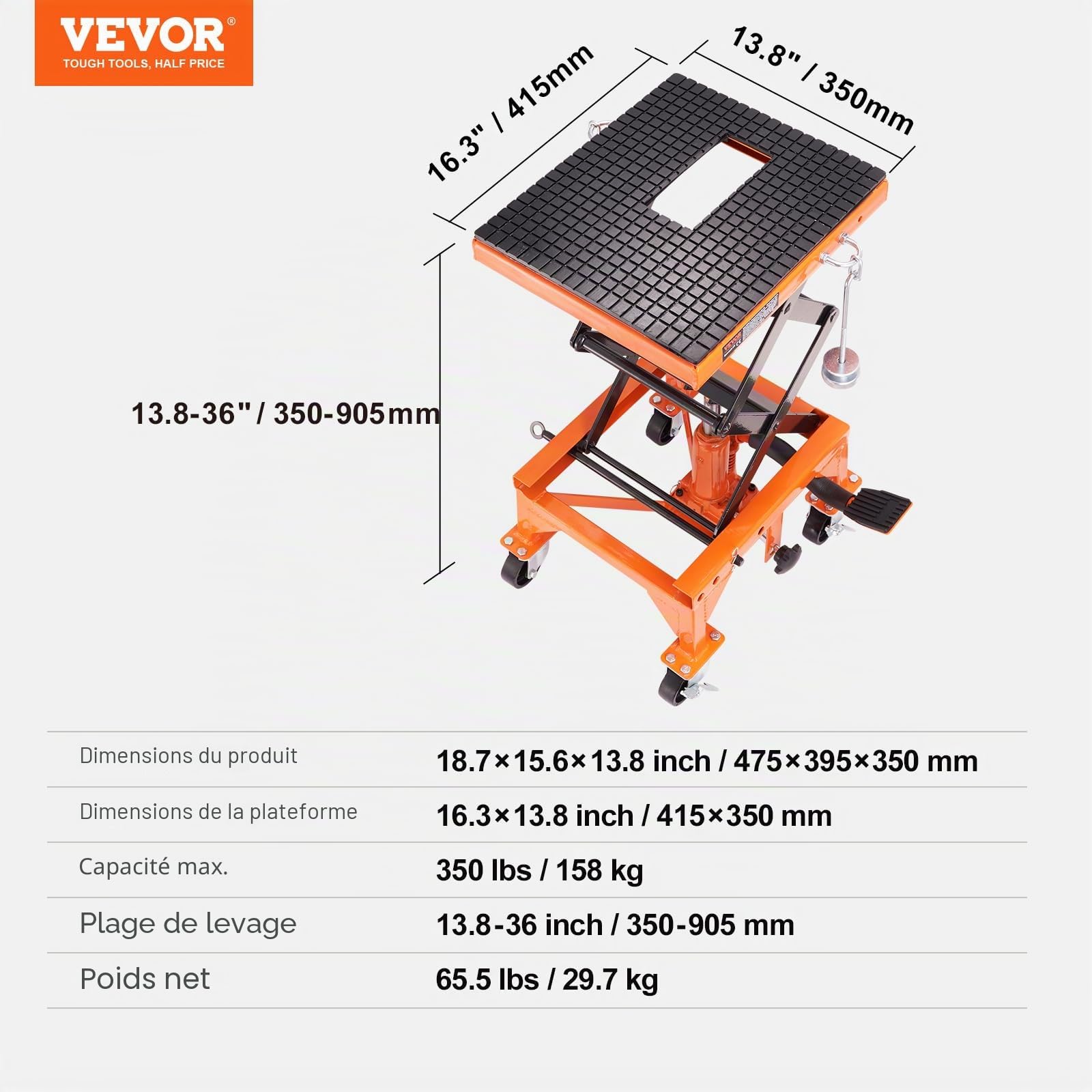 VEVOR Cric de Moto 158 kg Hauteur de Levage 34-90,5 cm Pont Élévateur Hydraulique Plate-Forme 41,5x35 cm Antidérapante Table Élévatrice Moto Roulette Verrouillable Lève Moto Sécurisé Entretien Quad