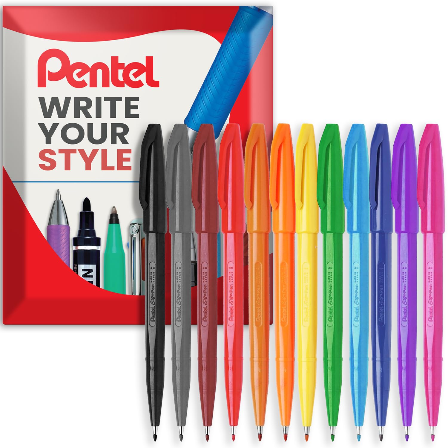 Pentel S520 Original Sign Pen Fibre Tip Marker Fineliner Pens - 2mm Nib, 1mm Line - In Envelope Gift Packaging (Range Pack of 12)