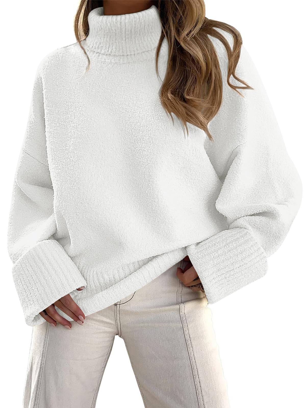 LILLUSORYWomen's Turtleneck Long Sleeve Oversized 2023 Fall Fuzzy Knit Chunky Warm Pullover Sweater Top