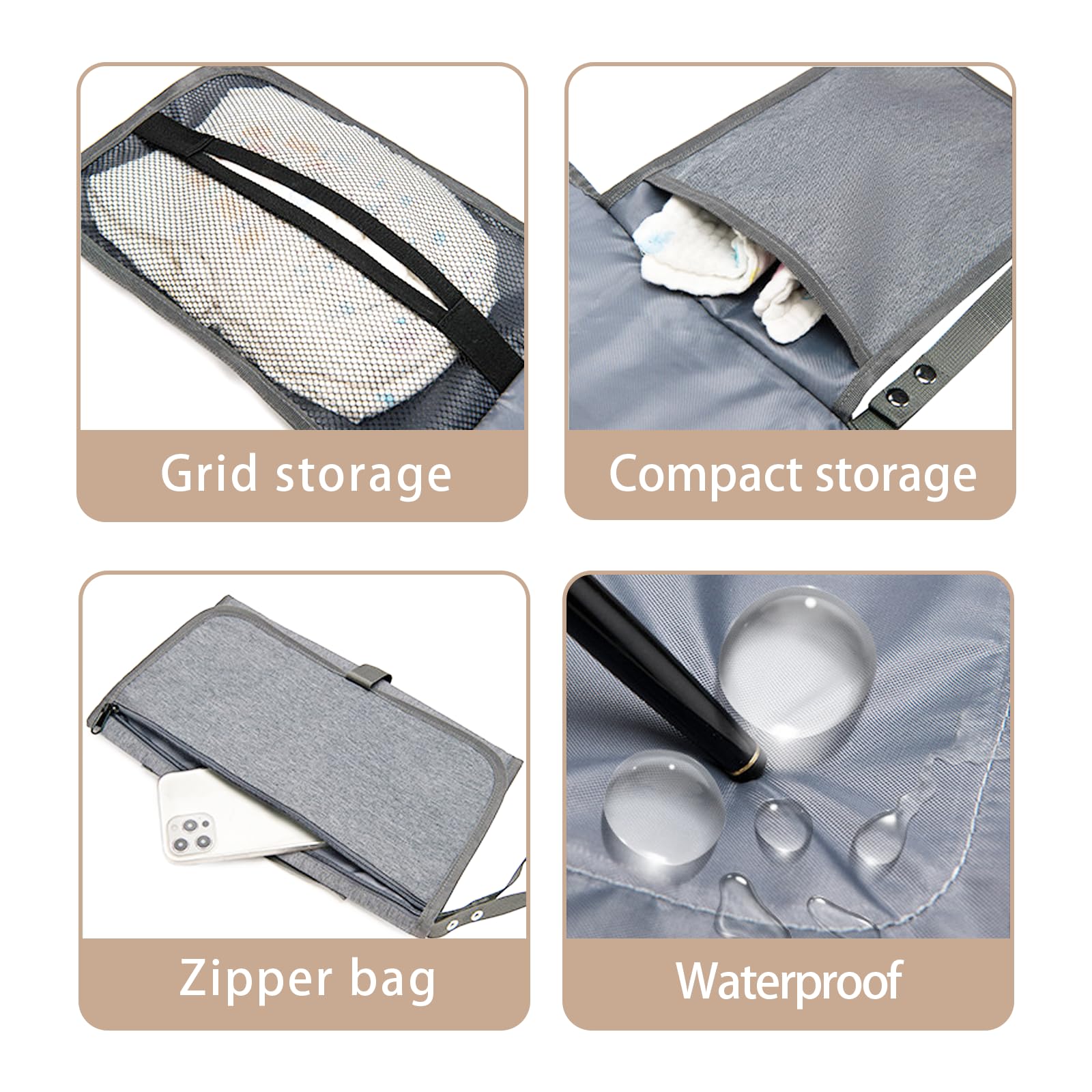 Borsa Pannolini, Multifunzione Sacchetto Pannolino, Diaper Bag con Fasciatoio Portatile, Impermeabile Pannolini Organizzatore per Pannoli Salviette e Piccoli Oggetti, Oxford, 1 Pezzo, Grigio