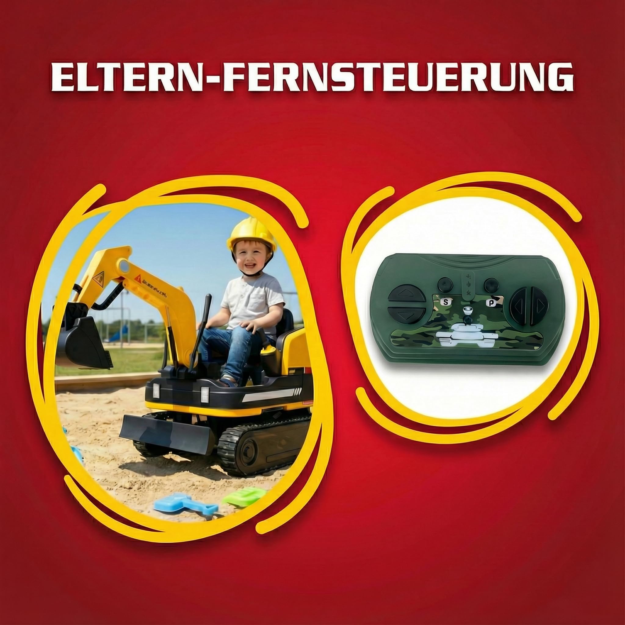 HECHT Elektro Kinderbagger 12V ab 3 Jahre bis 30 kg | Elektrischer Aufsitzbagger zum Draufsitzen, mit Fernbedienung, 2x50W Motor, Schaufel und Sound