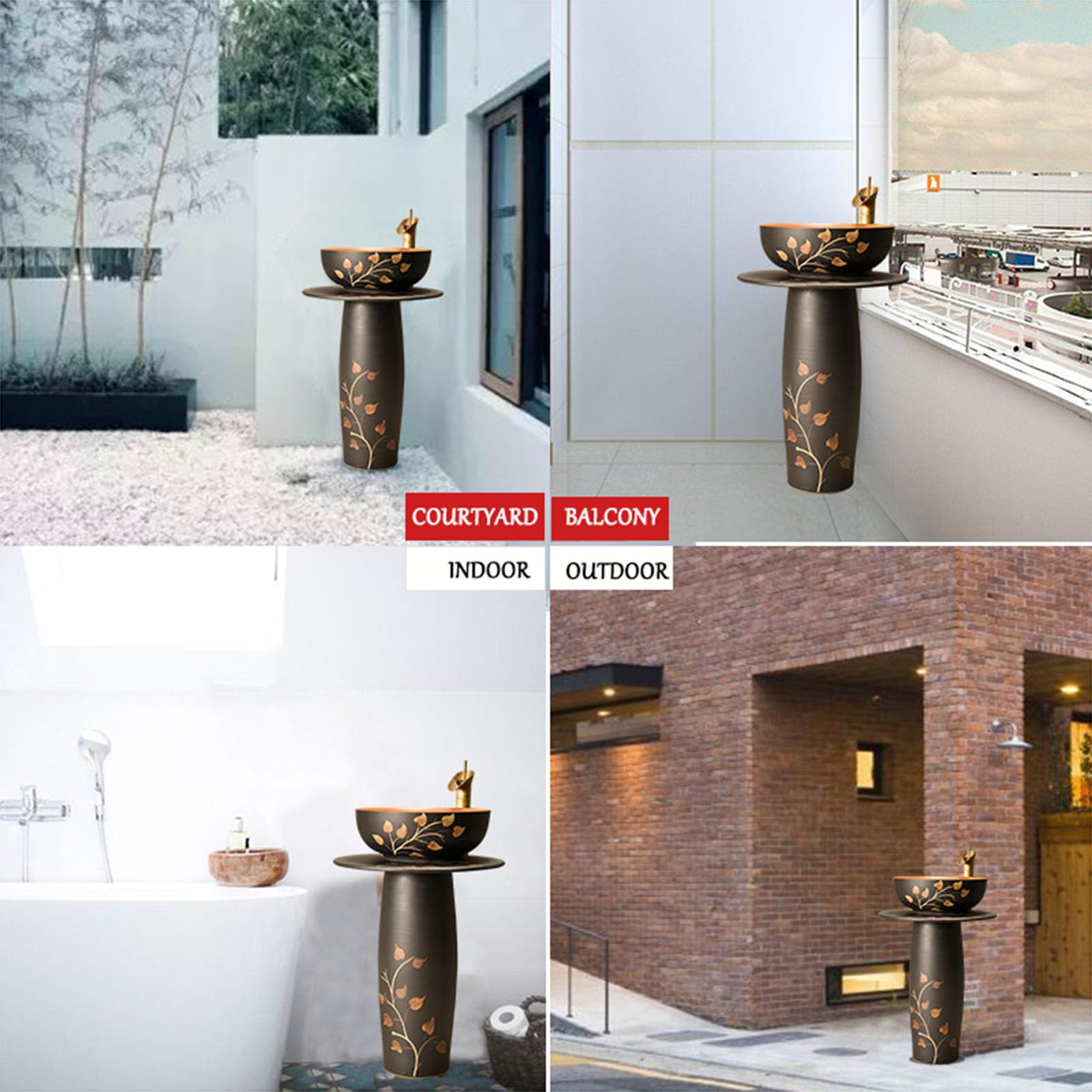 Nowoczesna ceramiczna umywalka łazienkowa, okrągła wolnostojąca umywalka z gliny kaolinowej, do domu, kuchni, patio, pralni, wewnątrz i na zewnątrz, 2-częściowy zestaw, 4-częściowy zestaw