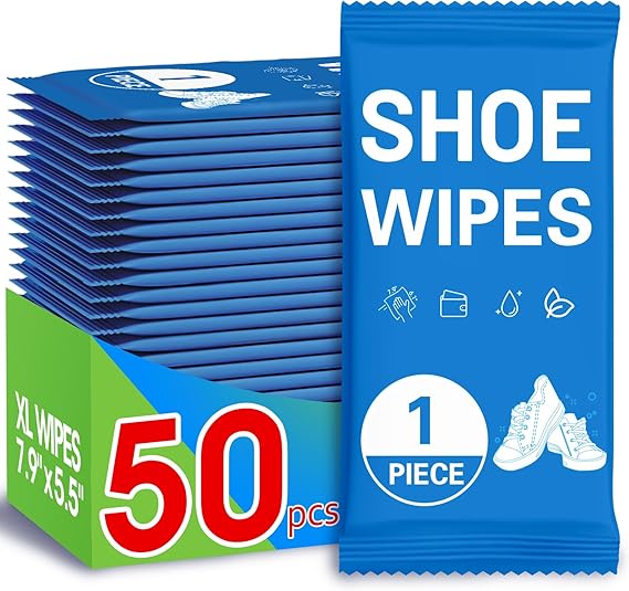 AROIC 50 Pack Shoe Cleaner Wipes, Sneaker Quick Wipes Heavy Duty Stain Removal for Leather, Febric, Canvas & Mesh, Travel Portable Single-Use Cleaning Wet Wipe, Essential Shoe Cleaning Supplies