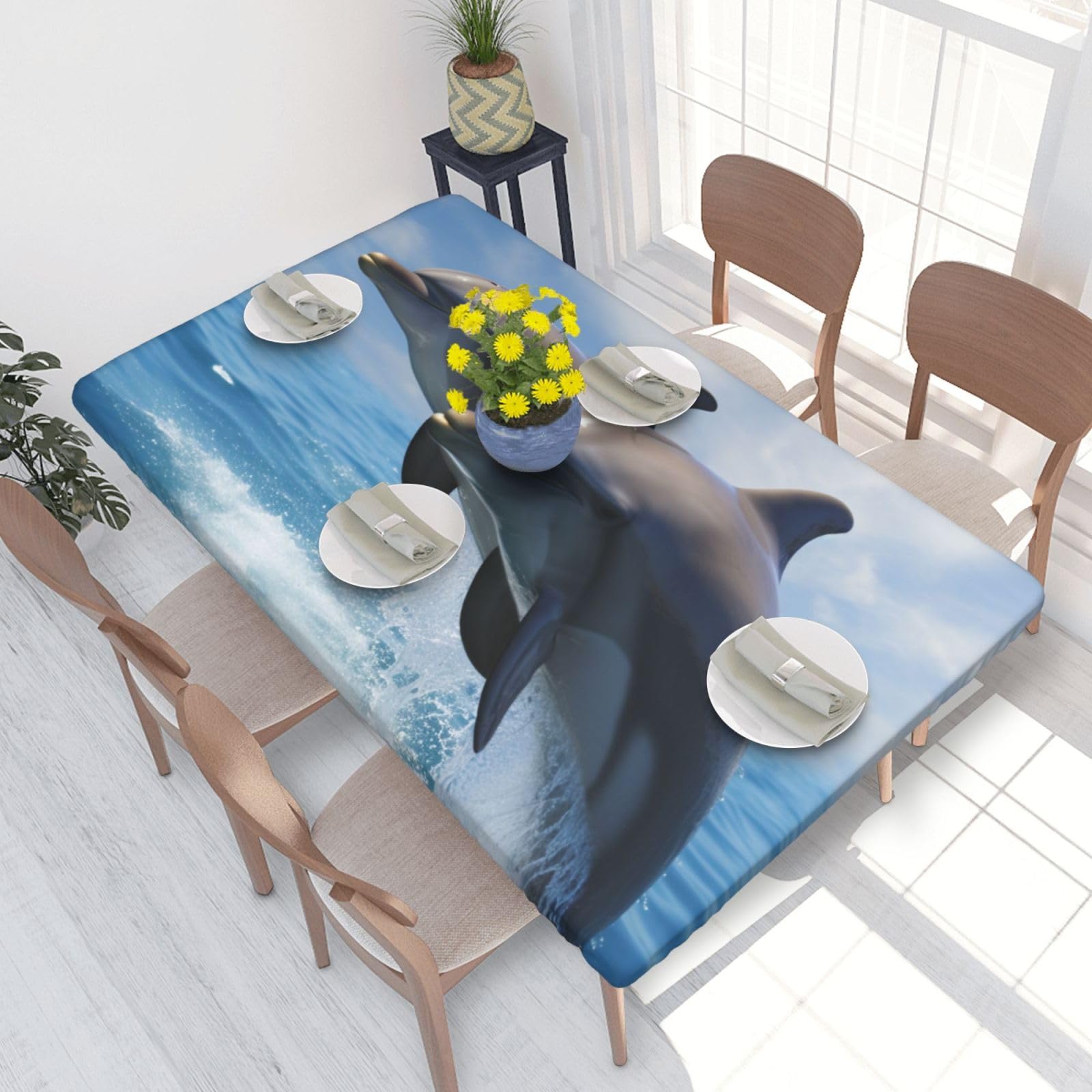 DCARSETCV Two Dolphins Printed 4FT Waterproof Tablecloth with Elastic Edged Protect & Decor Your Table, Oil-proof Washable Table Cloth Cover for Dinner Picnic Party