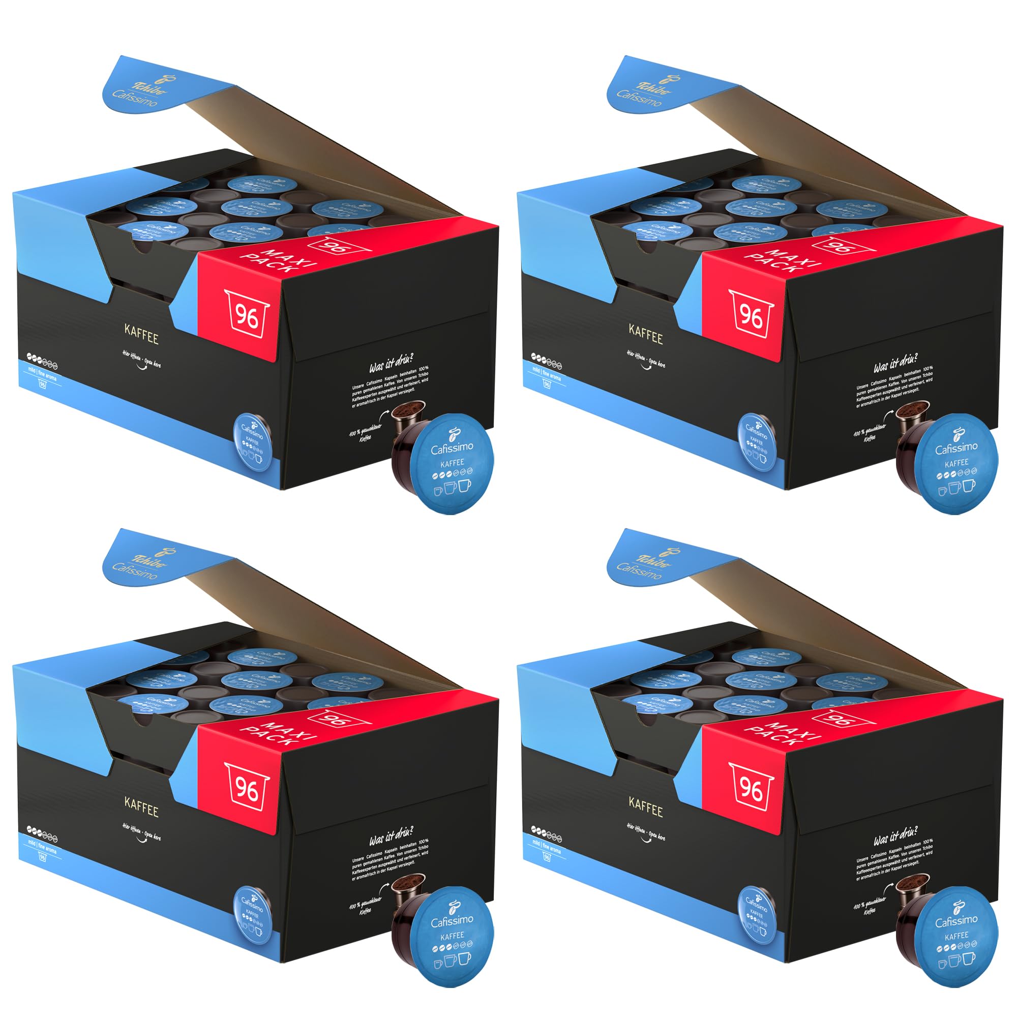 Tchibo Cafissimo - Caja de almacenamiento para café con filtro de café, cápsulas de café suave, 384 piezas, 4 x 96 cápsulas (café, suave con estaromas rojos suaves), sostenible y de comercio justo