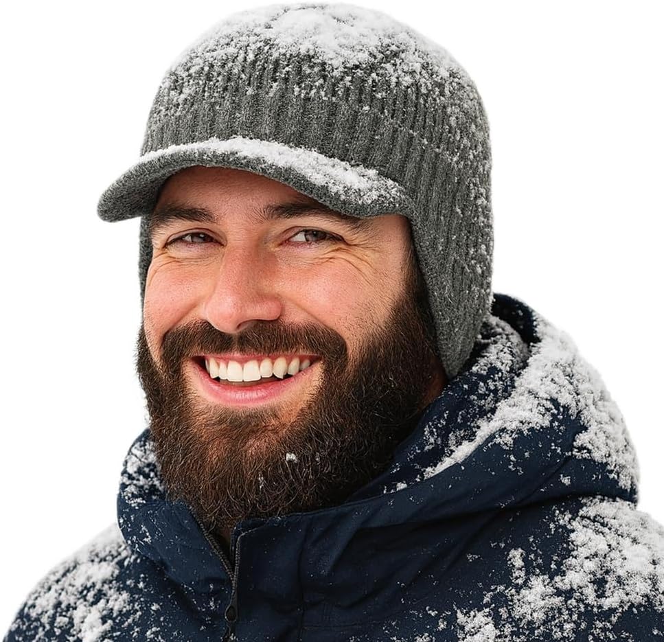 Plus Size M/L/XL/XXL Waterproof Merino Wool Beanie Hat with Brim Ear Flaps Fleece Lined Ski Cap for Cold Weather & Big Heads