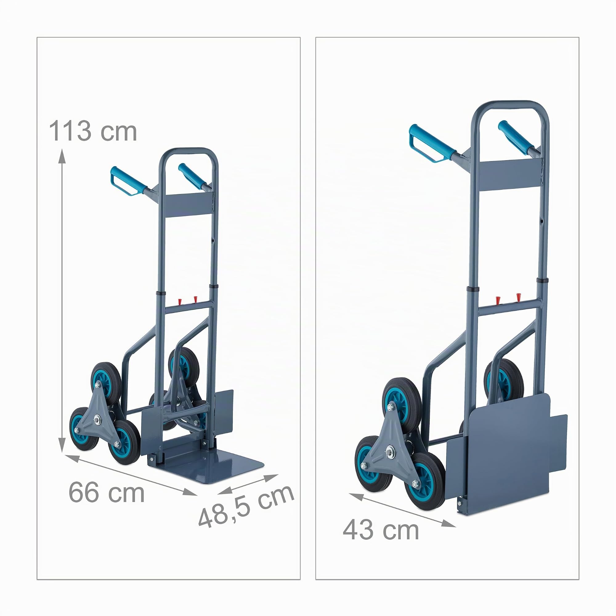 Relaxdays Treppensackkarre, klappbare Treppenkarre, bis 200 kg, Sackkarre Treppensteiger, höhenverstellbar, grau/blau