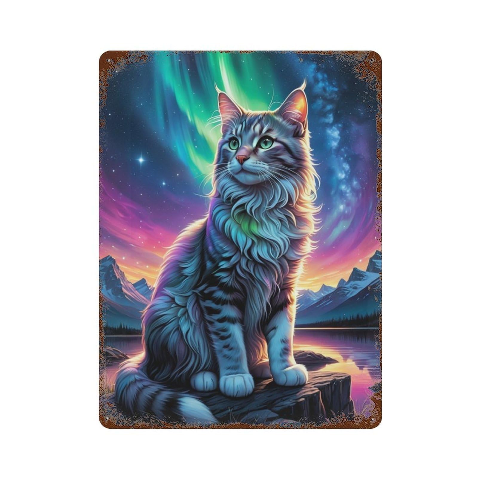 Garage Style Galactic Cat Majesty Aged Metal Wall Plaque 15.7"x11.8", Old School Wall Decor for Bar And Workshop