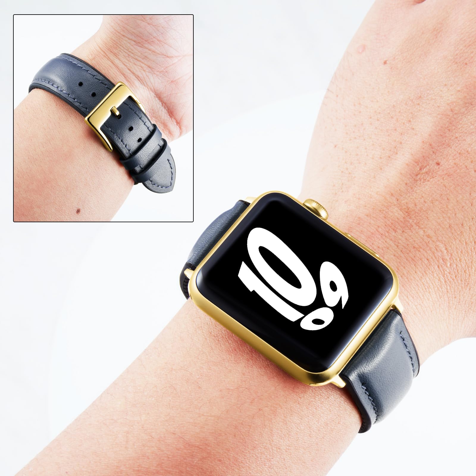 BINLUN Compatible with Apple Watch Bands Leather Soft Silicone Inner Hybrid Sweatproof 42mm 44mm 45mm 46mm 49mm Watch Strap for iWatch Ultra SE Series 11/10/9/8/7/6/5/4/3/2/1(Gold Buckle,Deep Blue) - Image 4