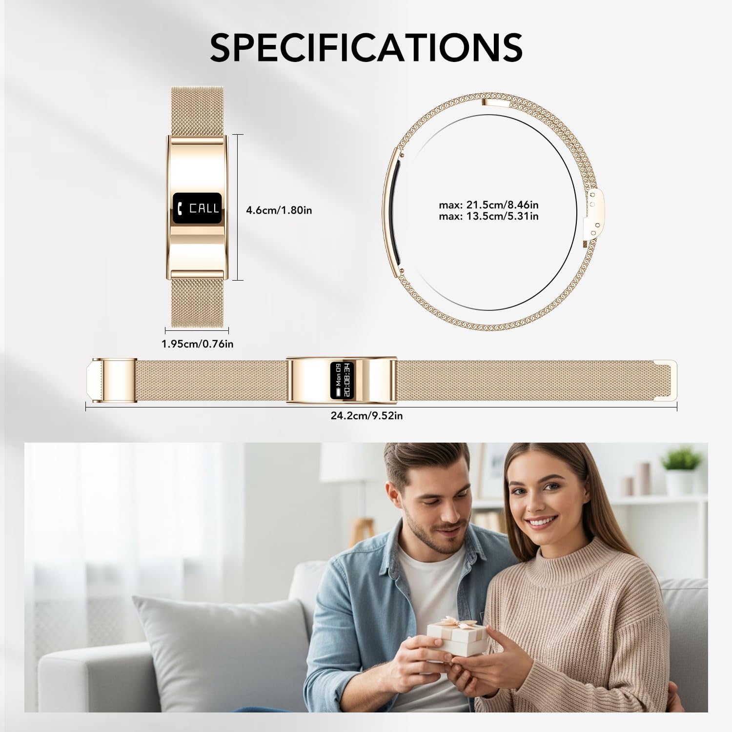 Bracelet Connectée Femme Fitness Tracker: Petite Montre Connectée Santé avec Rappel d'appel Fonction Féminine HRV Moniteur Sommeil Fréquence Cardiaque 5ATM Etanche Montre Sport pour Android iOS (Or)