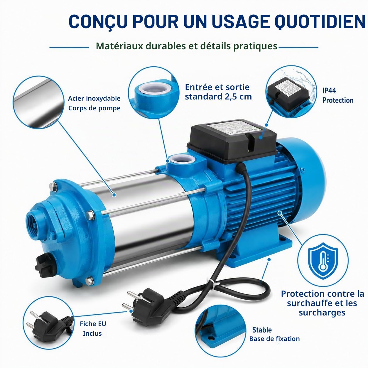 Pompe de Jardin 1300W 4000 L/H, Pompe à Eau Électrique Centrifuge, Pompe de Surface en Acier Inoxydable 9,8 Bar, Hauteur de Refoulement 98 m, Pompe d’Irrigation Eau Claire pour Jardin, Ferme, Étang et
