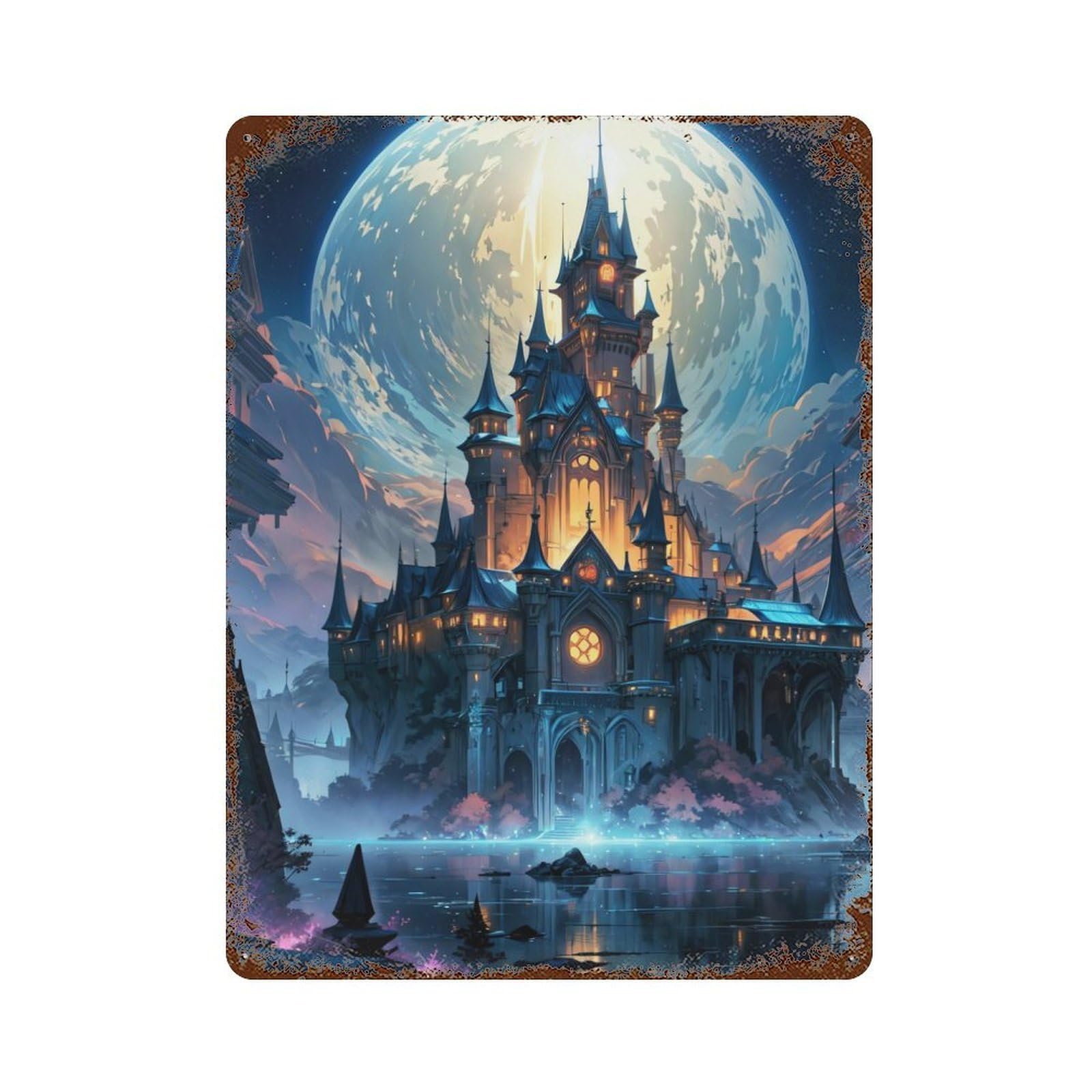 Fantasy Spooky Castle Rusty Metal Tin Sign 15.7"x11.8", for Basement, Hobby Room And Garage Decor, Retro Wall Decor